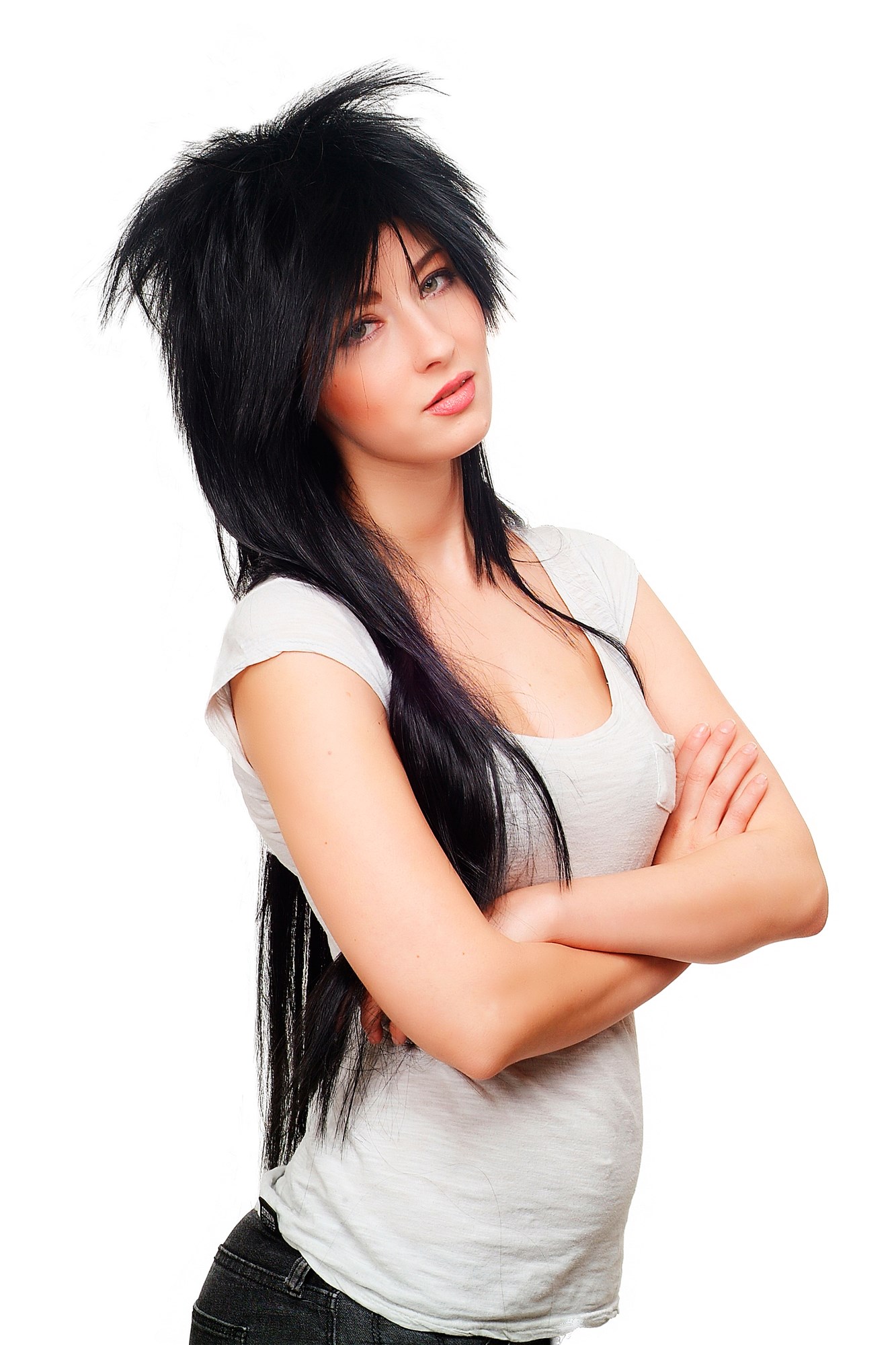 hochwertige Qualitätsperücken, 80er Jahre Look sehr lange Vokuhila Perücke Glam Rock schwarz 9666-1B, Ansicht 2, WIG ME UP: Ihr Perücken Online Shop glatte Tressen-Perücke mit Kopfhaut-Imitat Samtschwarz lange Haare für Damen