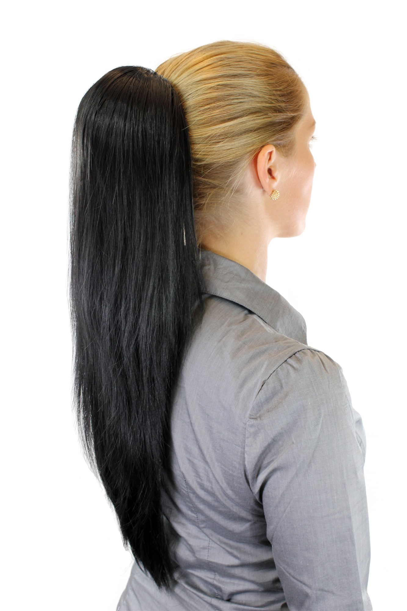 hochwertiges Haarteil voluminös glatt Butterfly-Clip + Gummizug Schwarz WK06-1B, Ansicht 2, WIG ME UP: Ihr Perücken Online Shop glattes Zopf-Haarteil Samtschwarz 60 cm lang