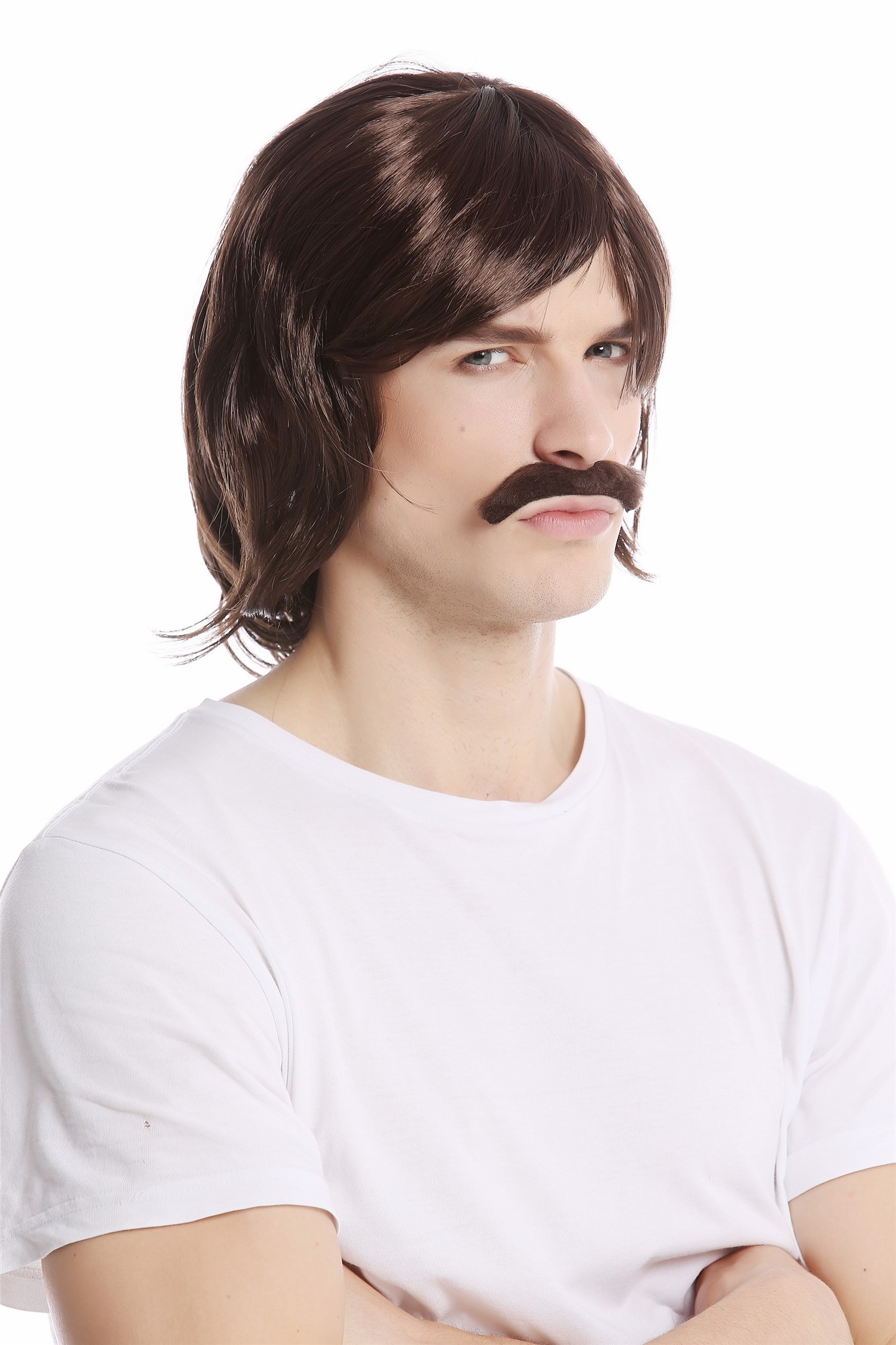 günstige Party Perücke, Perücke Bart Set braun 70er Jahre Bulle 91105-ZA4, Vorderansicht, WIG ME UP: Ihr Perücken Online Shop glatte Party Perücke Braun schulterlange Haare für Herren
