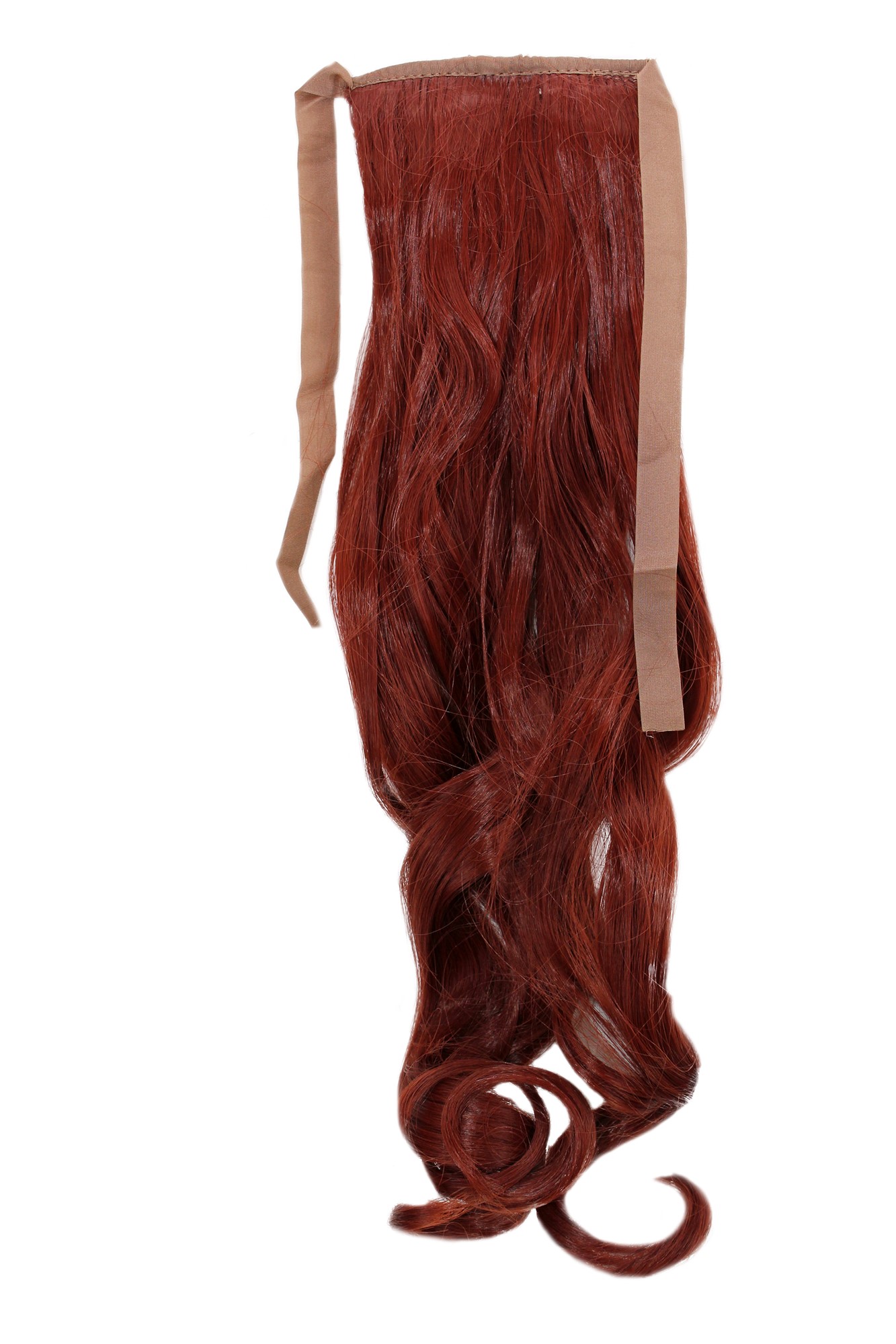 YZF-TC18-35 Hairpiece Pontail Pigtail extension slim light wavy comb and ribbon dark red, front view, WIG ME UP: Your Perücken Online Shop Ponytails, Red, wavy, shoulder-length