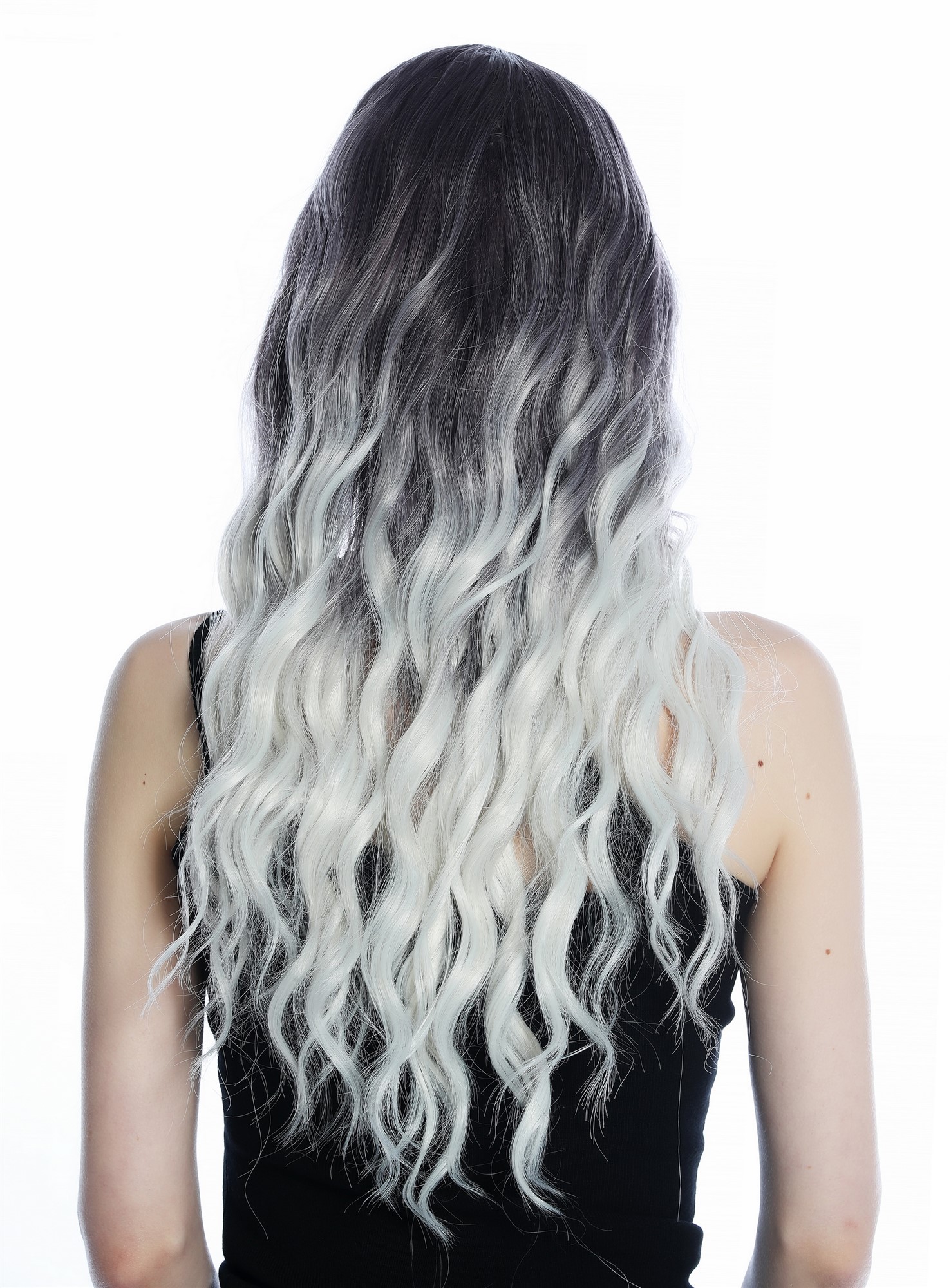 hochwertige Qualitätsperücken, Perücke lang stark gewellt Ombre dunkles Violett silbriges Blond SZL0816B-T-005, Ansicht 5, WIG ME UP: Ihr Perücken Online Shop wellige Tressen-Perücke mit Kopfhaut-Imitat Grauviolett-Silberblond-Verlauf lange Haare für Damen