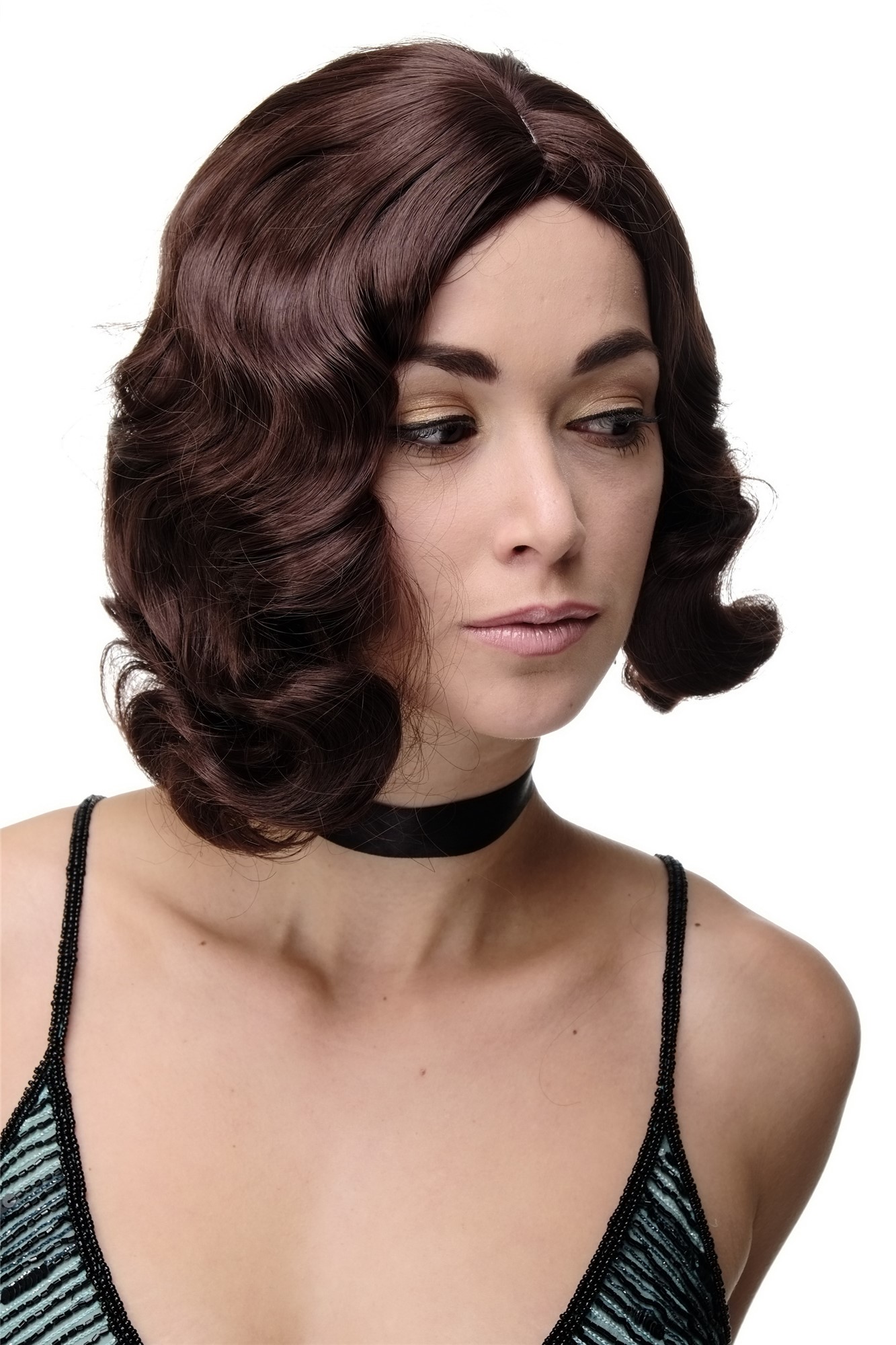hochwertige Qualitätsperücken, Perücke 20er Jahre Swing Charleston Kastanienbraun GFW1726-33, Ansicht 5, WIG ME UP: Ihr Perücken Online Shop wellige Tressen-Perücke mit Kopfhaut-Imitat Kastanie kurze Haare für Damen