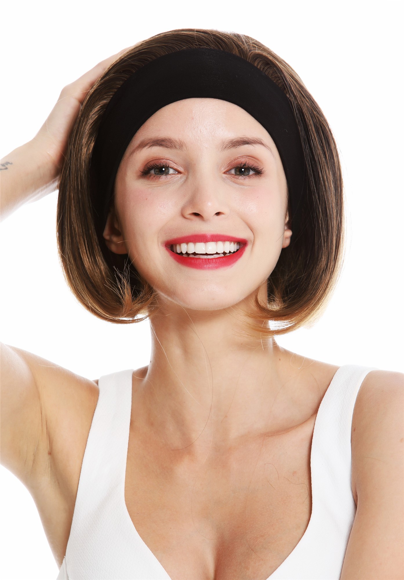 hochwertige Qualitätsperücken, Perücke Kurz Stirnband Retro Braun Blonde Spitzen GFW948-H-4T27, Vorderansicht, WIG ME UP: Ihr Perücken Online Shop glatte Tressen-Perücke mit Gummizug und Stirnband Braun-Blond-Mix kurze Haare für Damen