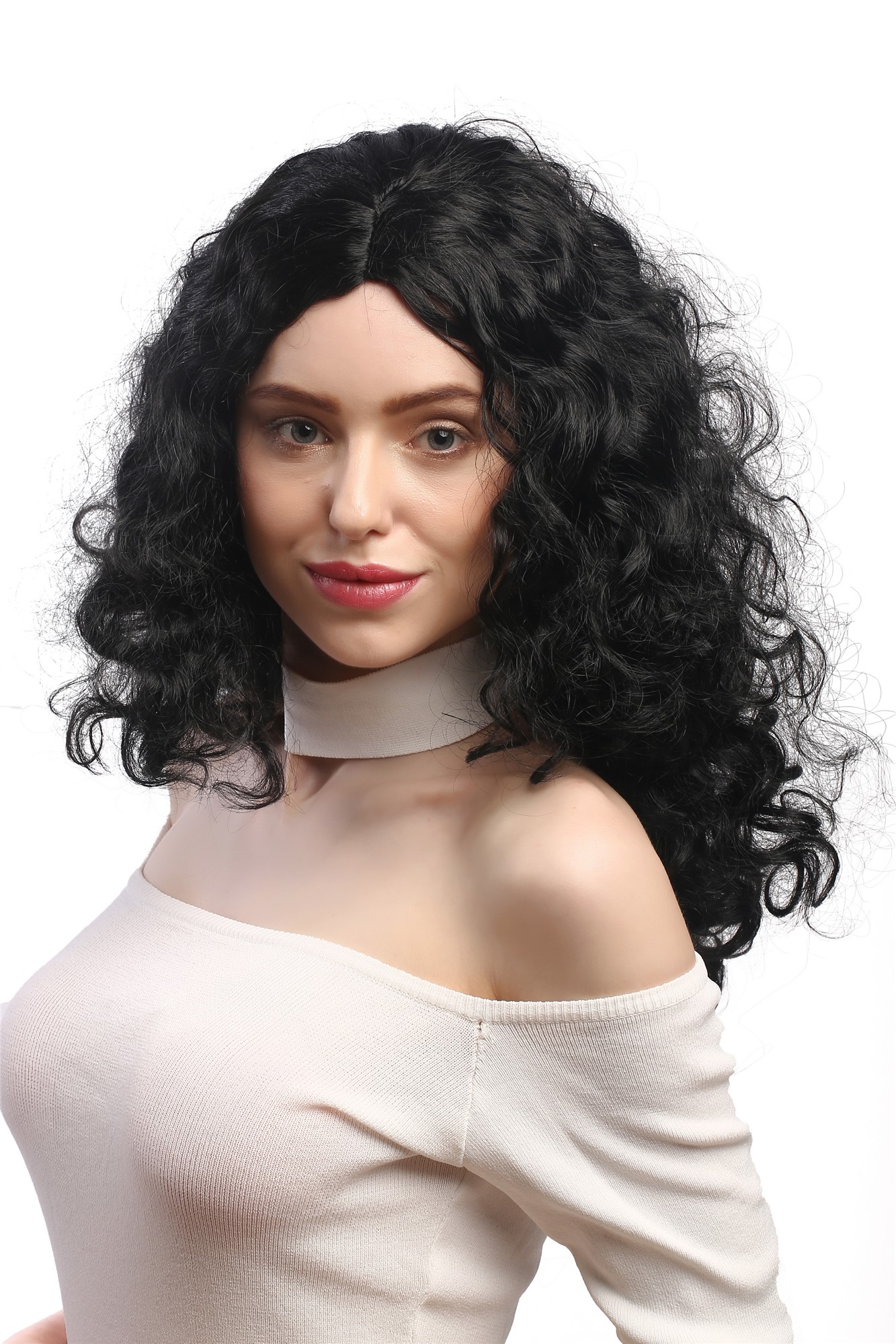 Lady Women Party Wig Halloween black volume curls middle parting long 3072, front view, WIG ME UP: Your Perücken Online Shop Party Wig, Ladies, Black, curled, long