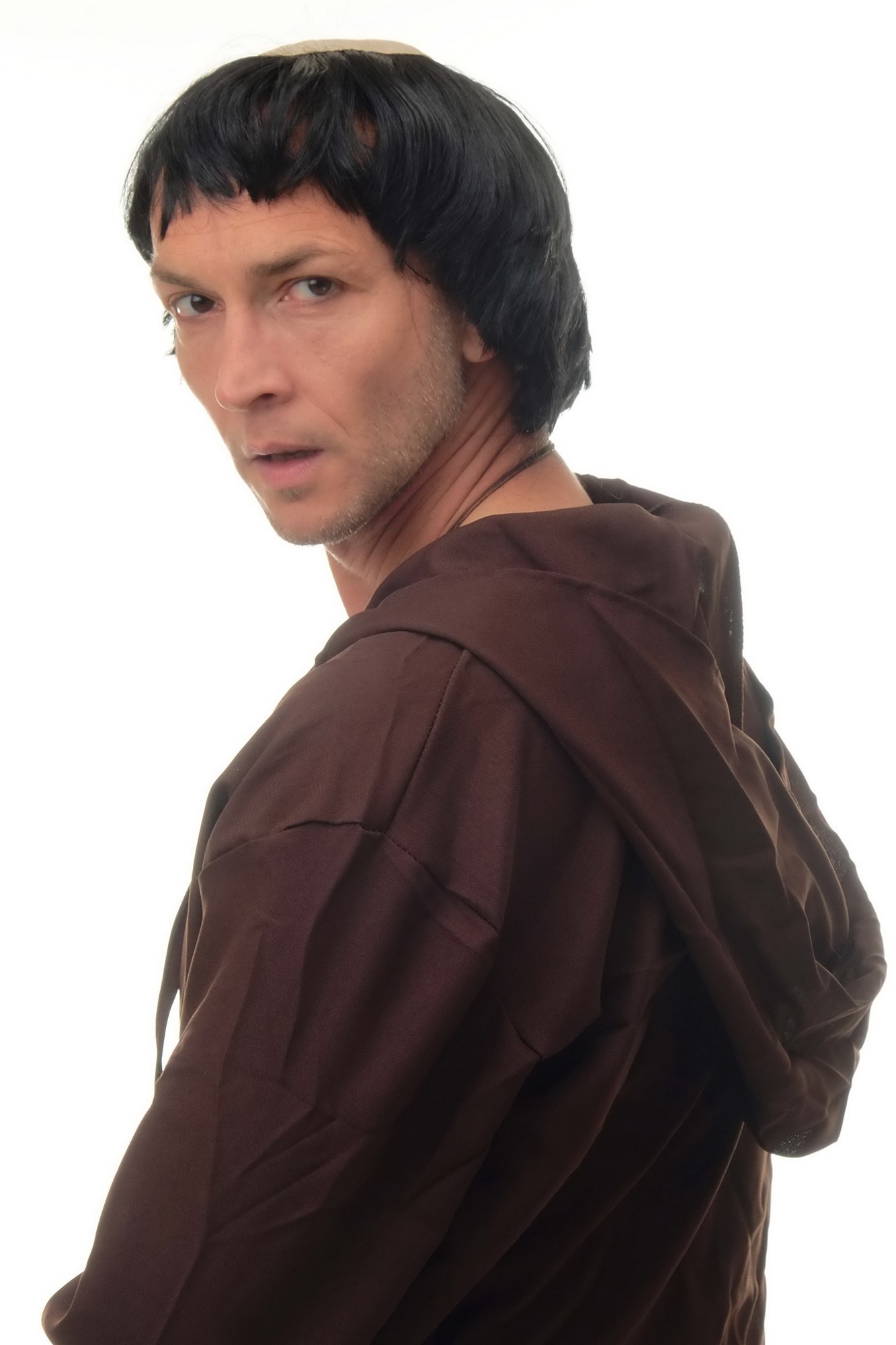 günstige Party Perücke, Perücke Mönch Tonsur Halbglatze Schwarz 90776-ZA103, Ansicht 4, WIG ME UP: Ihr Perücken Online Shop glatte Party Perücke Schwarz kurze Haare für Herren