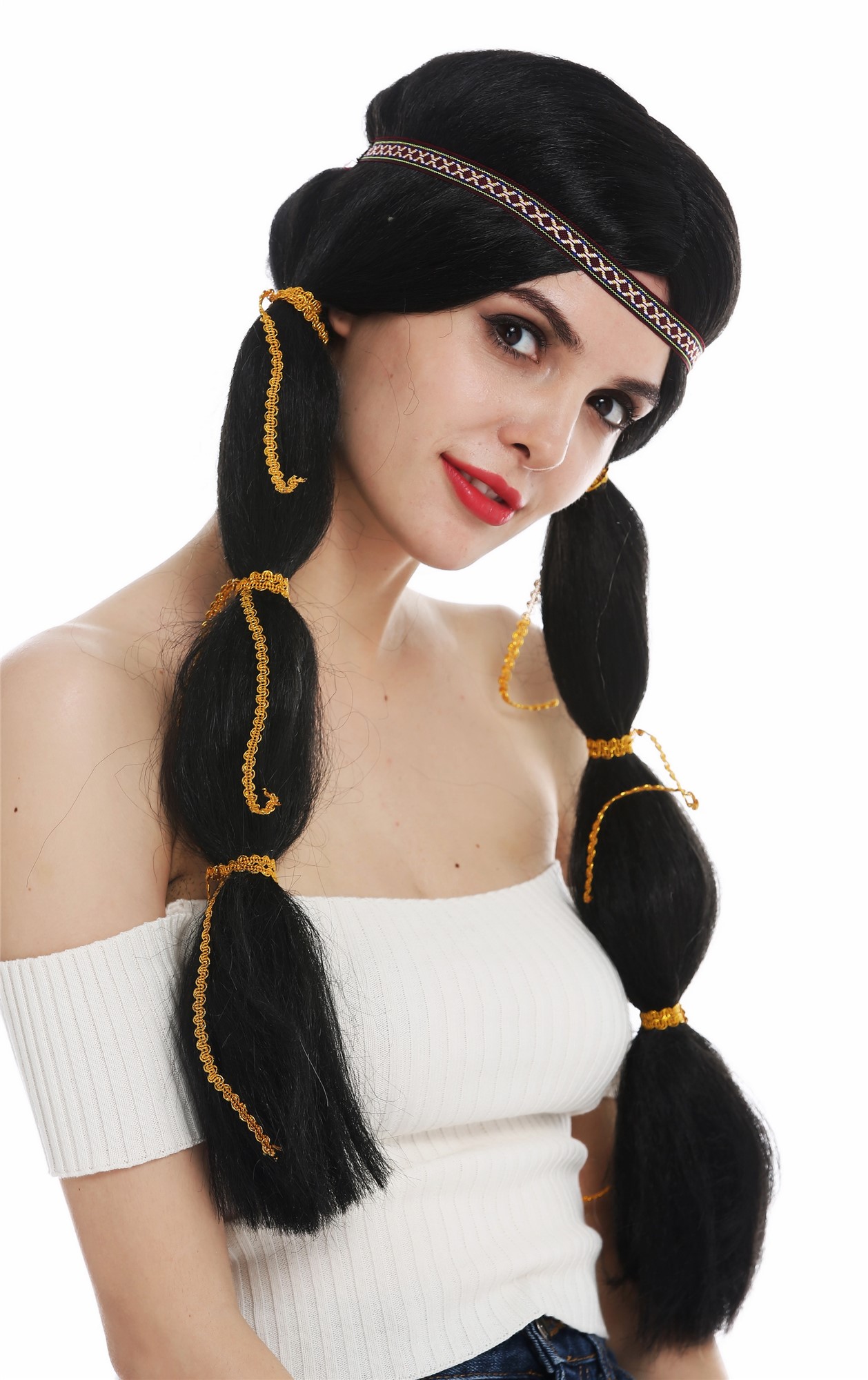 Women's wig lady long Native American Wild West braids black head band SARL087, front view, WIG ME UP: Your Perücken Online Shop Party Wig, Ladies, pitch black, straight, long
