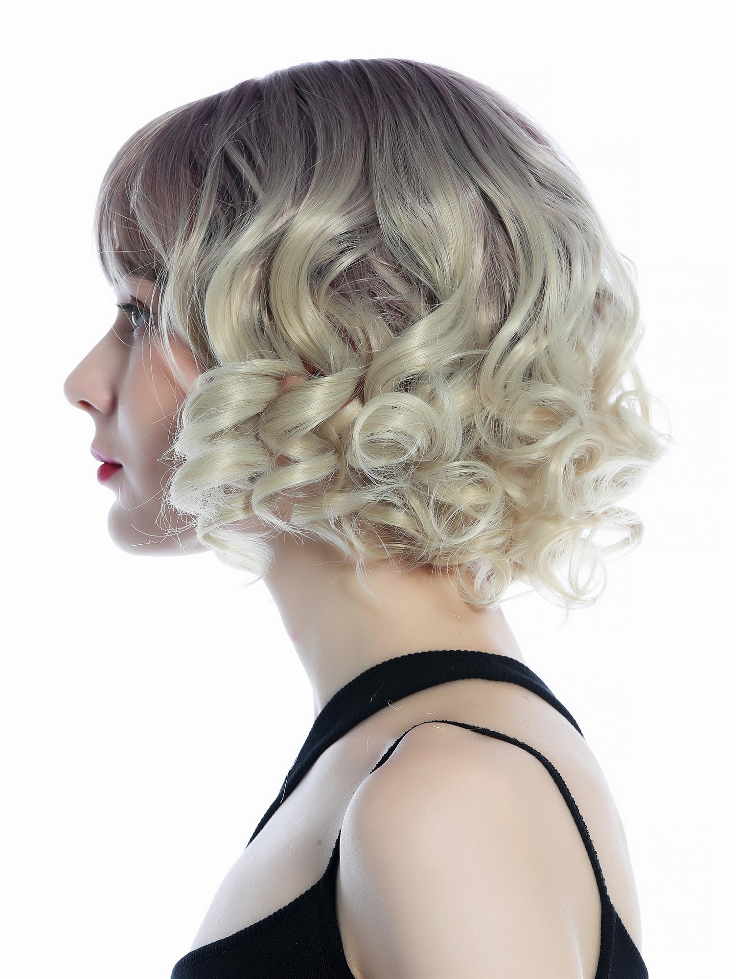 hochwertige Qualitätsperücken, Perücke kurz Pony Korkenzieher-Locken Ombre Dunkel-Violett Hellblond SZL0832-T-003, Ansicht 4, WIG ME UP: Ihr Perücken Online Shop lockige Tressen-Perücke mit Kopfhaut-Imitat Grauviolett-Matthellblond-Verlauf kurze Haare für Damen