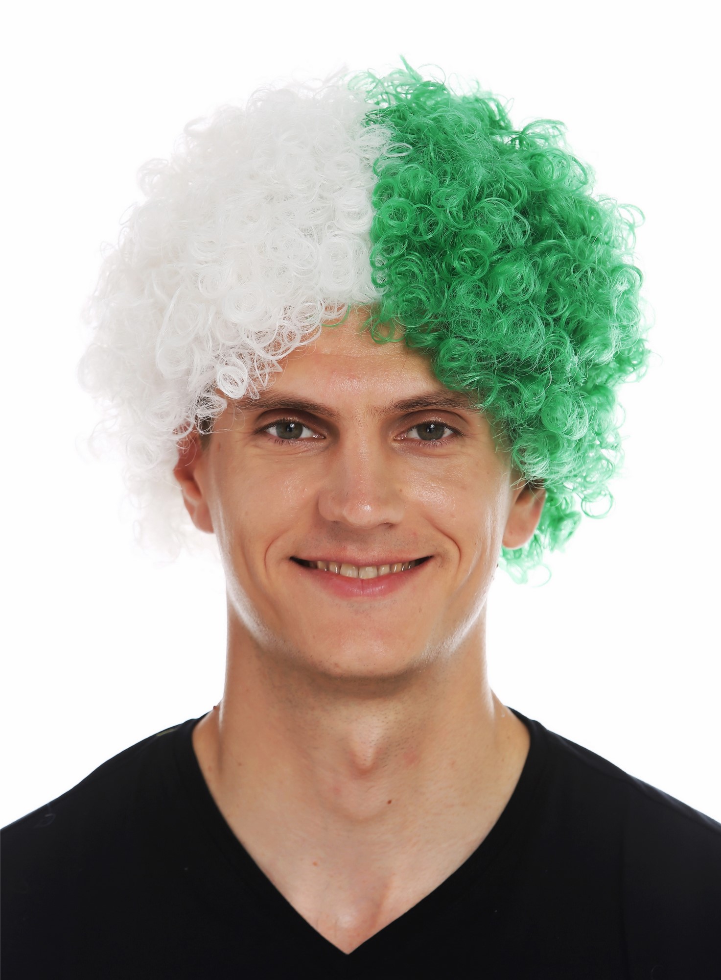 Fan wig carnival afro soccer football world cup white green half half MMAM-15M , front view, WIG ME UP: Your Perücken Online Shop Party Wig, Unisex, green-white mix, curled, short