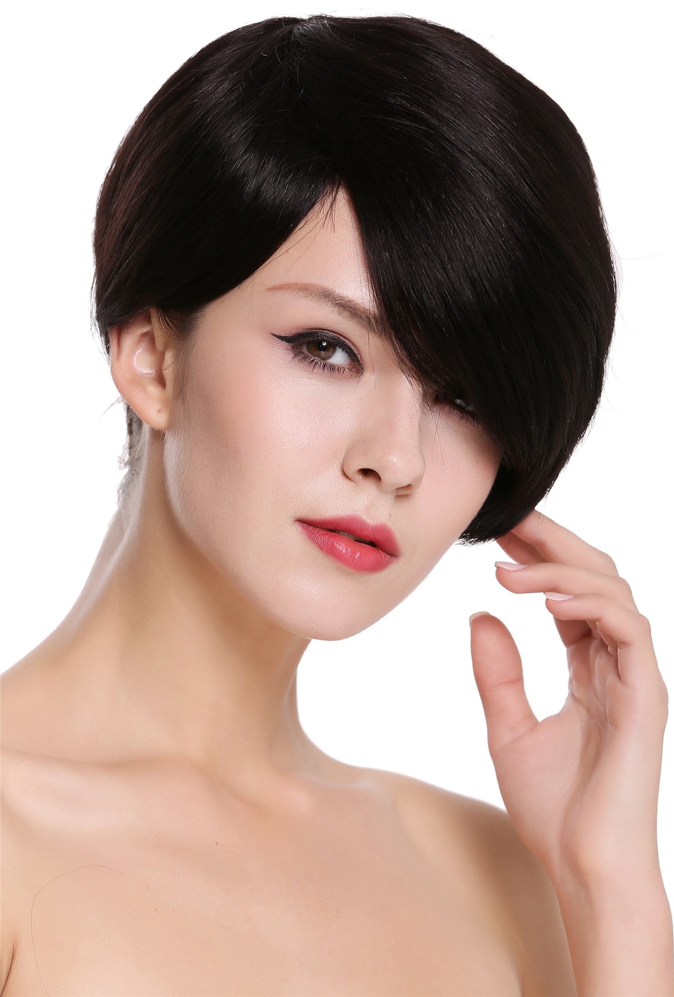 hochwertige Qualitätsperücken, Echthaar Perücke Scheitel kurz Schwarz RGH-5334-HH-1B, Ansicht 2, WIG ME UP: Ihr Perücken Online Shop glatte Tressen-Perücke 100% Echthaar Samtschwarz kurze Haare für Damen