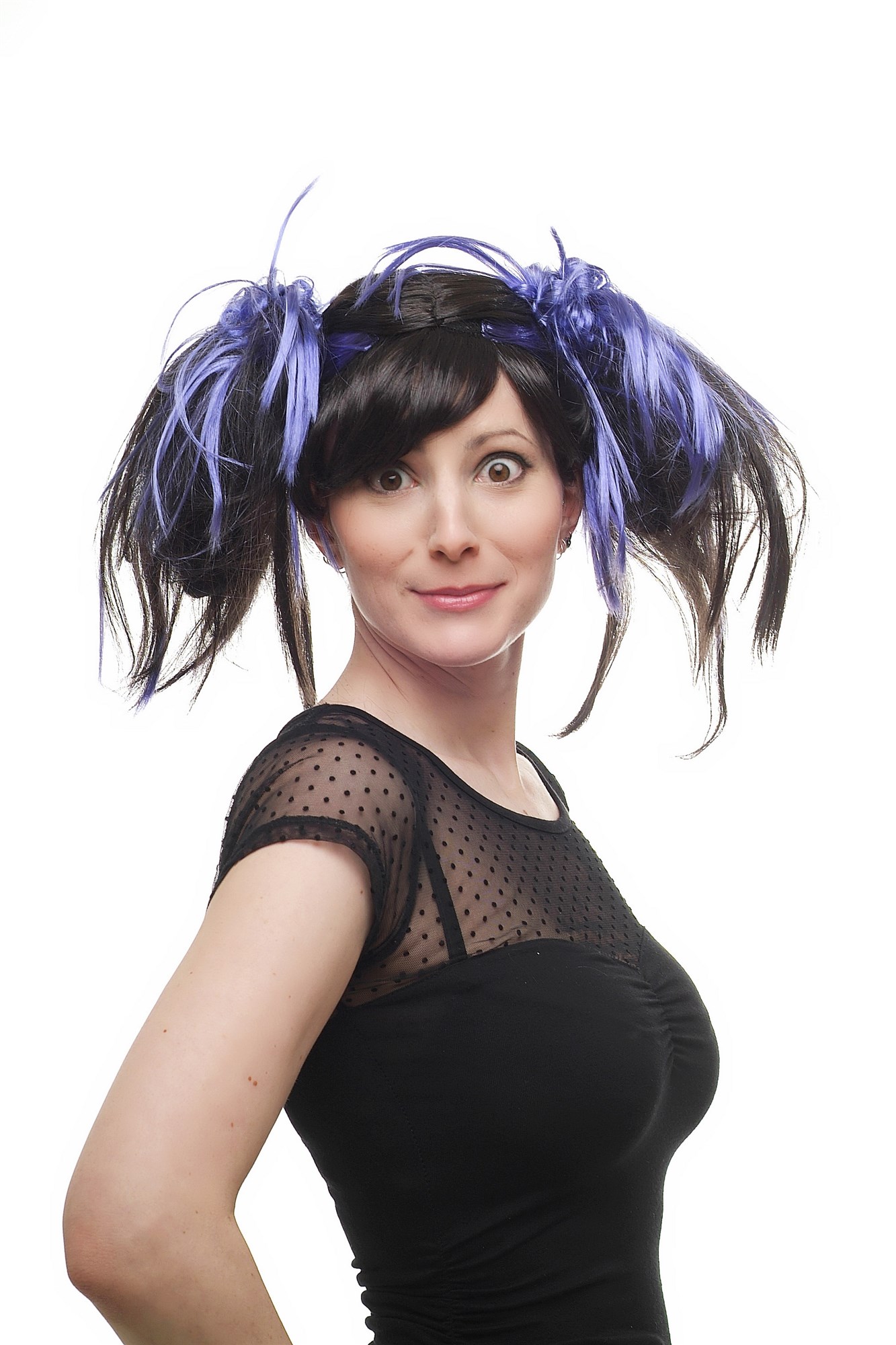 günstige Party Perücke, Perücke Cosplay Schwarz Lila Zöpfe 87110-P1-C10, Ansicht 4, WIG ME UP: Ihr Perücken Online Shop wellige Party Perücke Schwarz schulterlange Haare für Damen