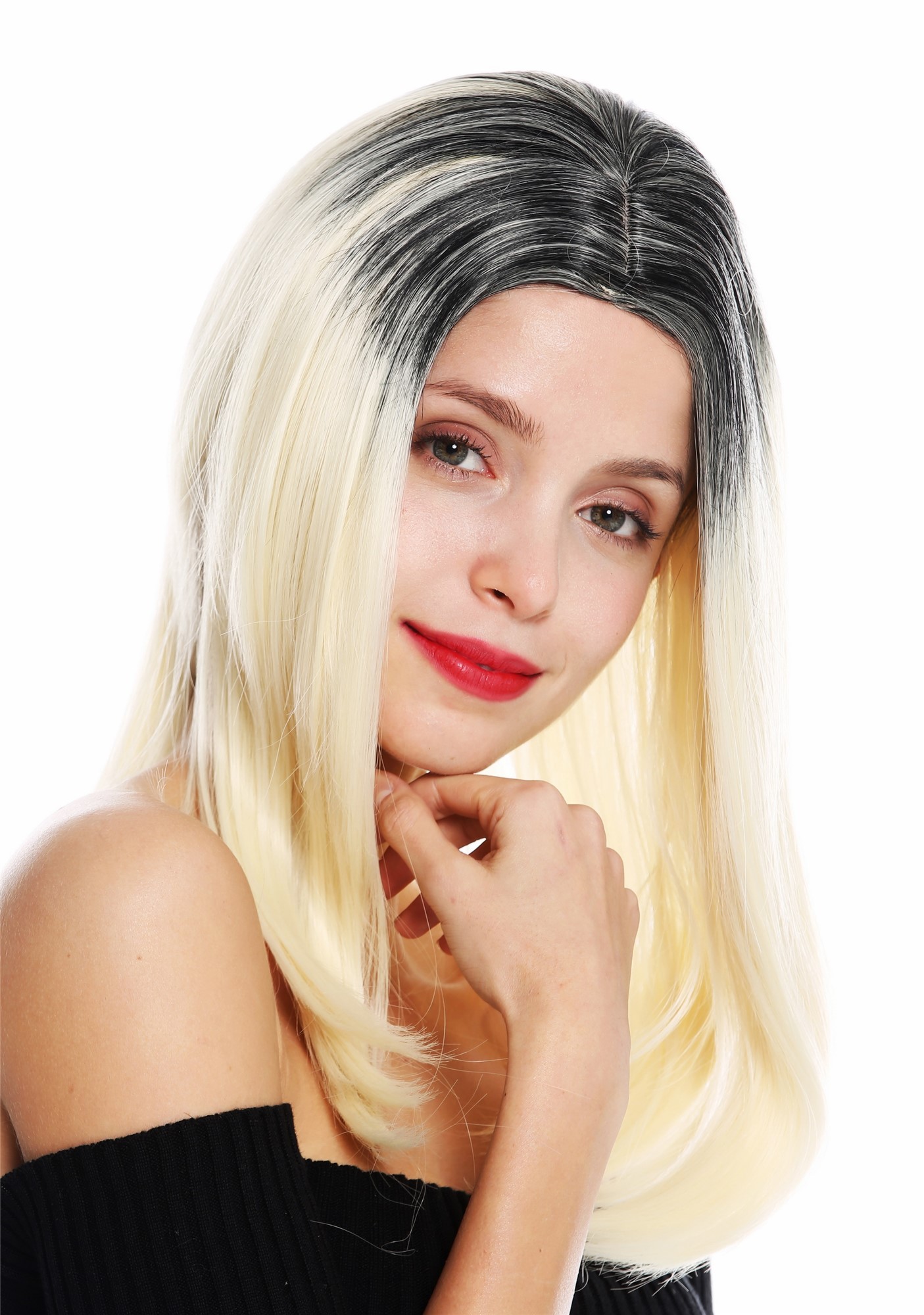 Women's wig lady long sleek middle parting ombre black light blonde GFW2468, view 2, WIG ME UP: Your Perücken Online Shop Quality Wigs, Ladies, blonde-black mix, straight, shoulder-length