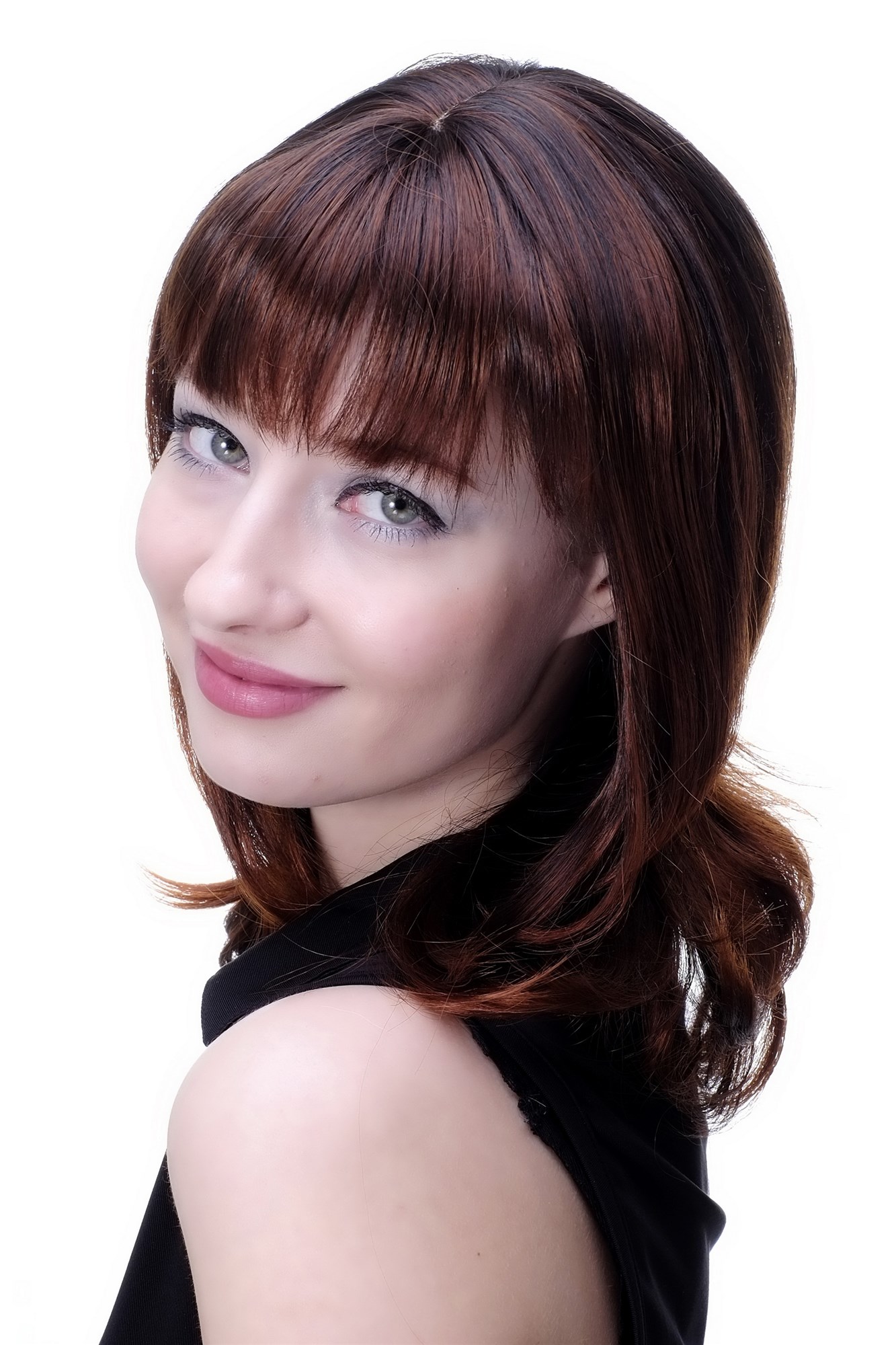 hochwertige Qualitätsperücken, Perücke schulterlange Haare brünett Schwarz-Rot-Mix 3018-2T130, Vorderansicht, WIG ME UP: Ihr Perücken Online Shop glatte Tressen-Perücke mit Kopfhaut-Imitat Schwarz-Rot-Mix schulterlange Haare für Damen