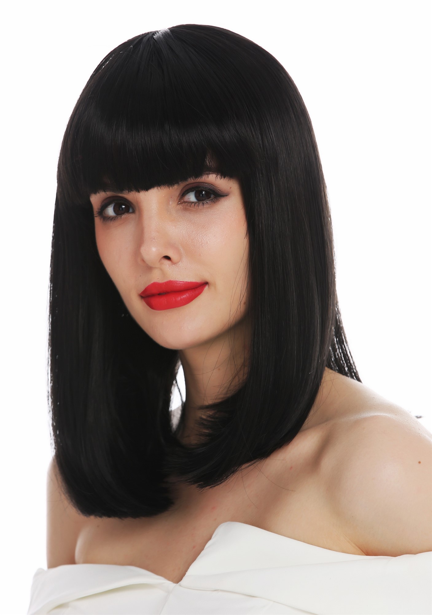 hochwertige Qualitätsperücken, Perücke schulterlang Clavi-Cut glatt Pony Schwarz VK-39-1B, Vorderansicht, WIG ME UP: Ihr Perücken Online Shop glatte Tressen-Perücke Samtschwarz schulterlange Haare für Damen