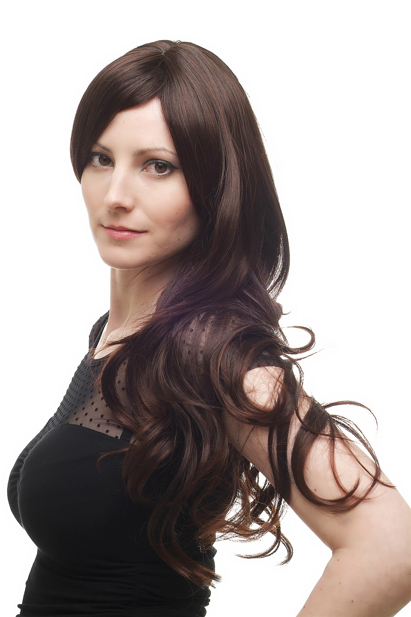 Lady wig straight curling wavy ends mahogany brown long fringe parted side H9117, view 3, WIG ME UP: Your Perücken Online Shop Quality Wigs, Ladies, Brown, wavy, long