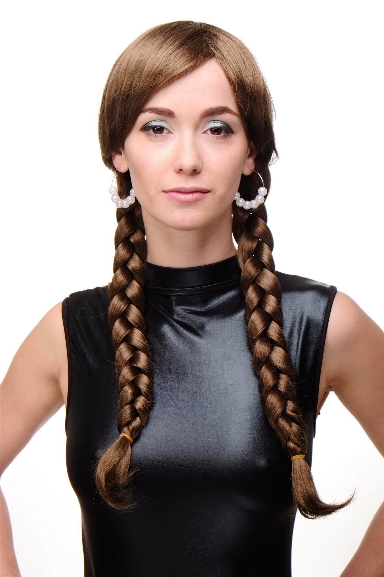 Lady women wig Cosplay long braided pigtails braids Schoolgirl Lolita brown 3446, front view, WIG ME UP: Your Perücken Online Shop Quality Wigs, Ladies, golden brown, Braided, long