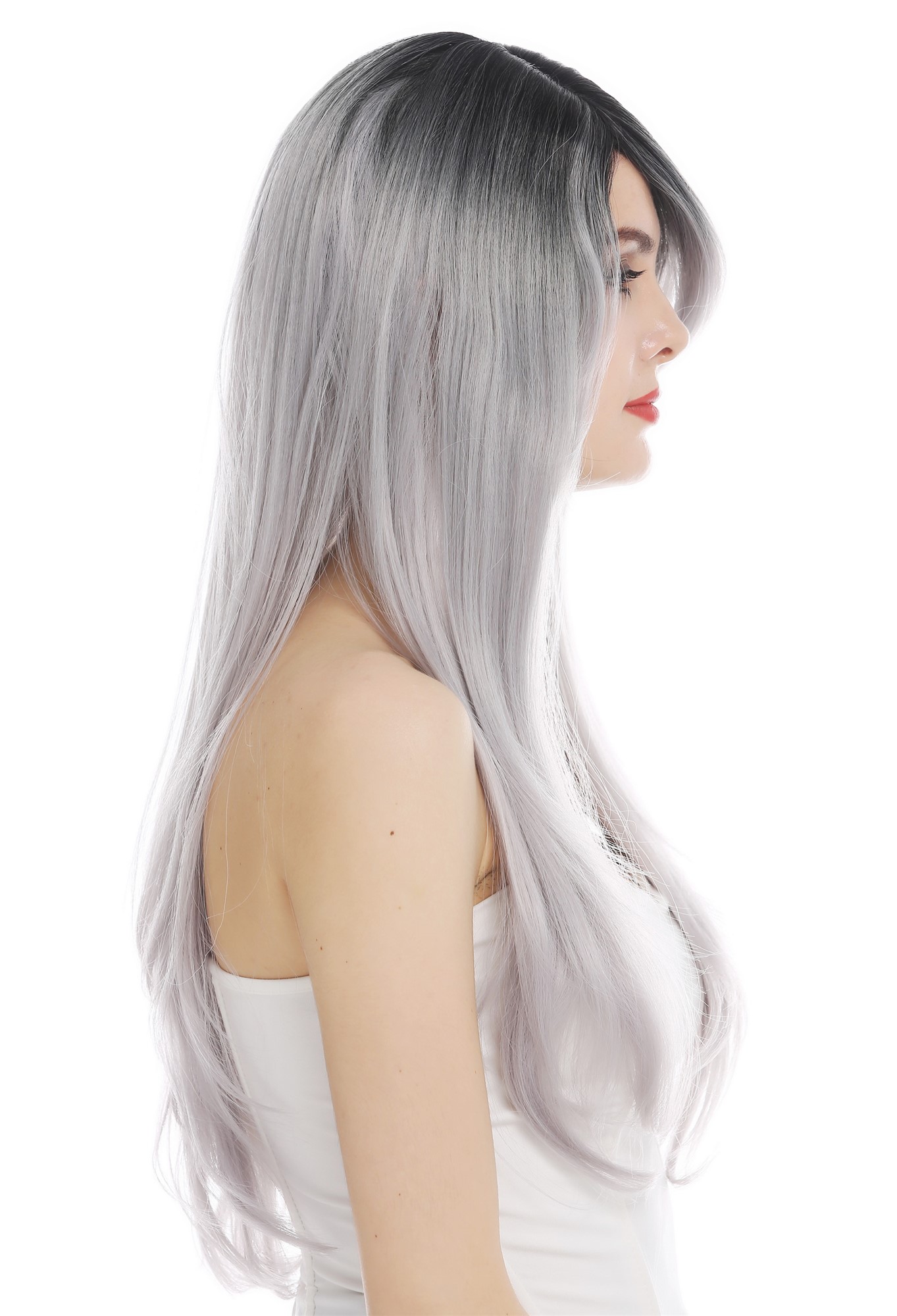 hochwertige Qualitätsperücken, Perücke lang glatt Scheite Ombre Schwarz Grau lRGF-6470C-DXR2PKW-grey, Ansicht 4, WIG ME UP: Ihr Perücken Online Shop glatte Tressen-Perücke mit Kopfhaut-Imitat Schwarz-Grau-Mix lange Haare für Damen