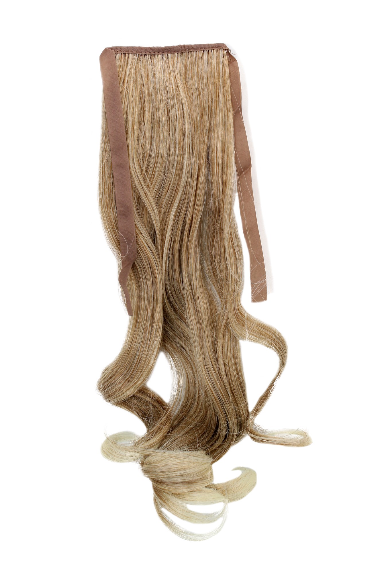 YZF-TC18-2788 Hairpiece Pontail Pigtail extension slim light wavy comb and ribbon strawberry blond mix streaked bright blond highlights 18", front view, WIG ME UP: Your Perücken Online Shop Ponytails, copper-light-blonde mix, wavy, shoulder-length