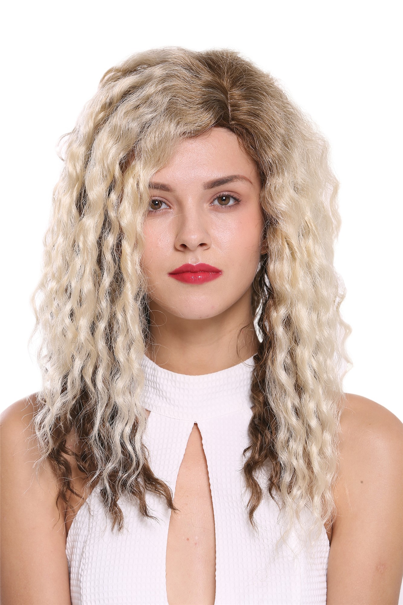 hochwertige Qualitätsperücken, Perücke Afro Locken gekreppt Seitenscheitel Ombre Braun Blond 803AD-12/613YS12, Vorderansicht, WIG ME UP: Ihr Perücken Online Shop lockige Tressen-Perücke mit Kopfhaut-Imitat Goldbraun-Platinblond-Mix lange Haare für Damen