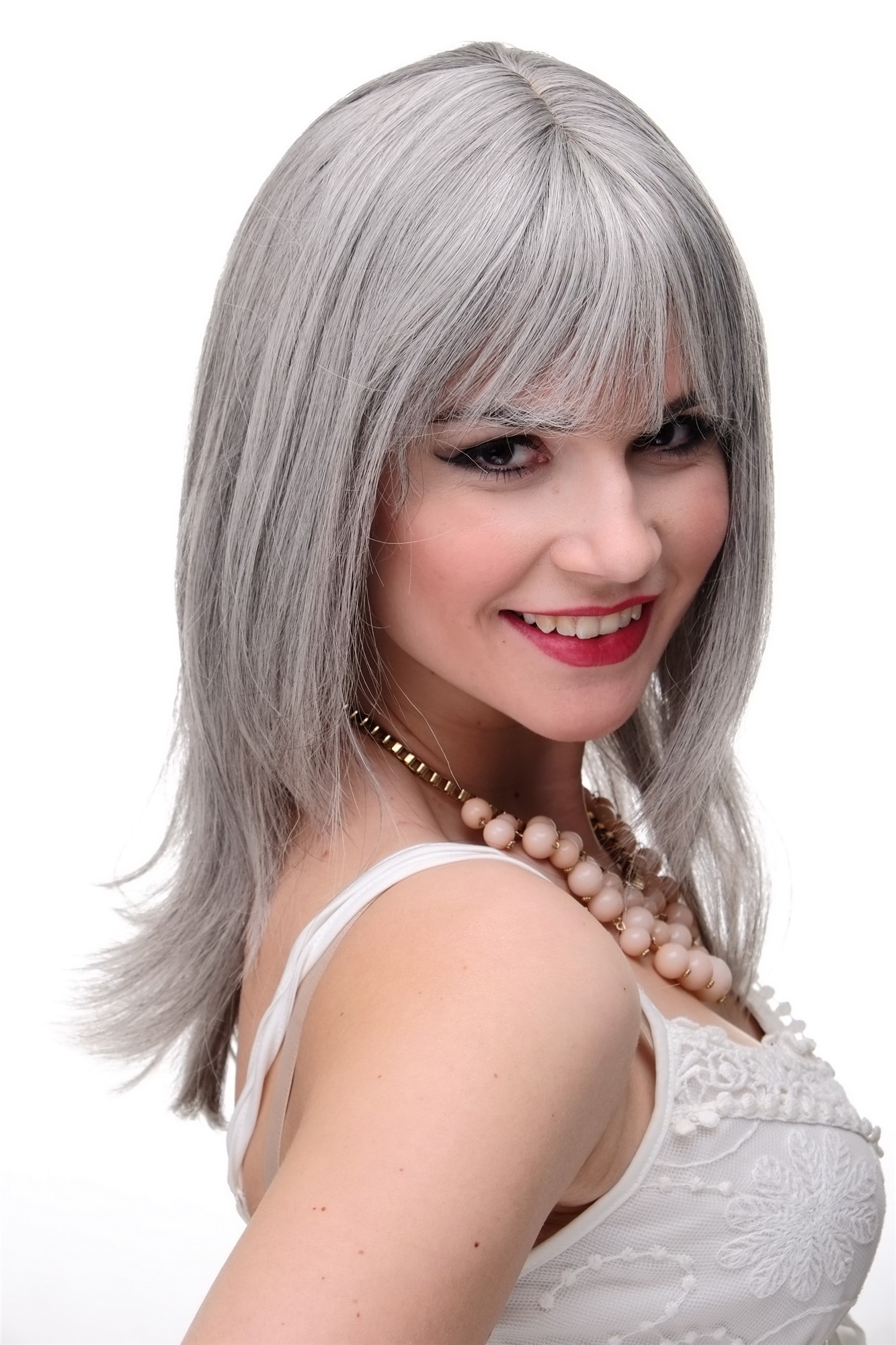 Lady wig medium length fringe parted side straight layered sliver grey gray 3003, view 5, WIG ME UP: Your Perücken Online Shop Quality Wigs, Ladies, Grey, straight, long