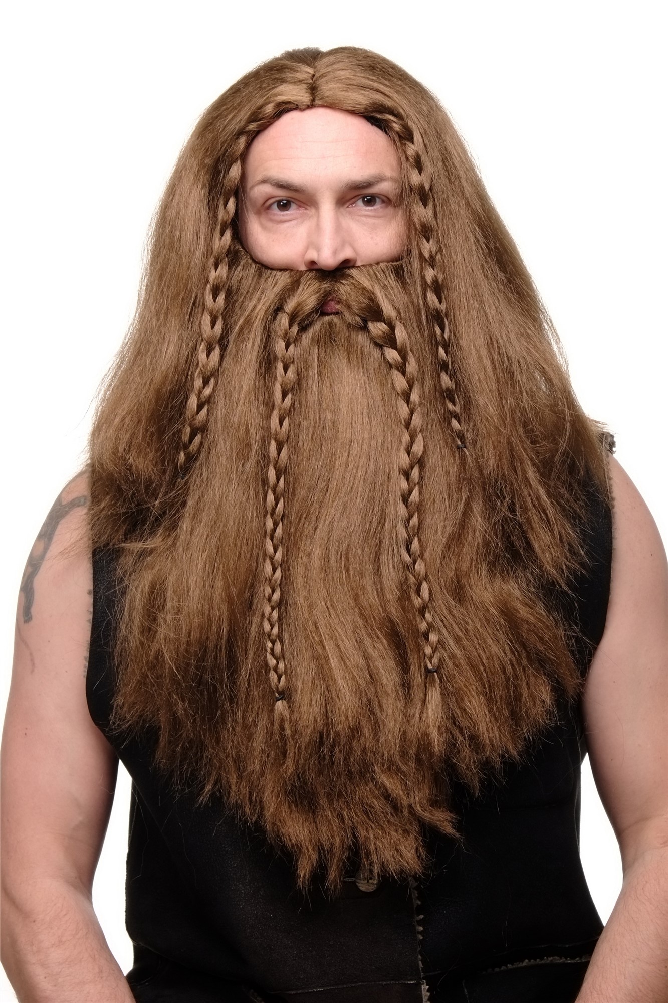 Party/Fancy Dress/Halloween brown Wig & Beard Erik Viking Chieftain Barbarian Berzerker Dwarf, front view, WIG ME UP: Your Perücken Online Shop Party Wig, Men, Brown, Braided, long