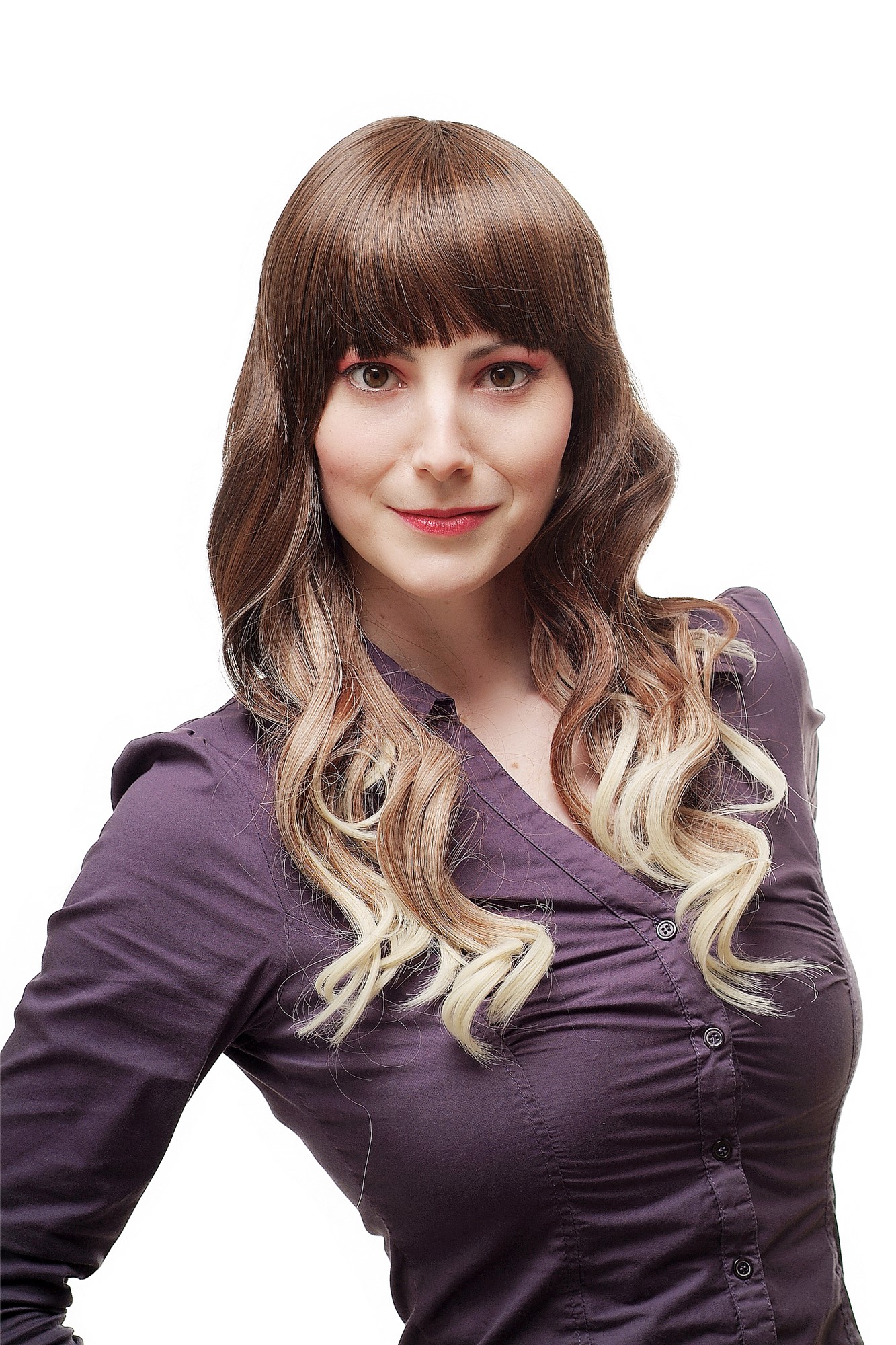 hochwertige Qualitätsperücken, Perücke Ombre Vierfarbig Braun Hellblond SA060-30T613-H6T30, Vorderansicht, WIG ME UP: Ihr Perücken Online Shop wellige Tressen-Perücke mit Kopfhaut-Imitat Braun-Blond-Mix lange Haare für Damen