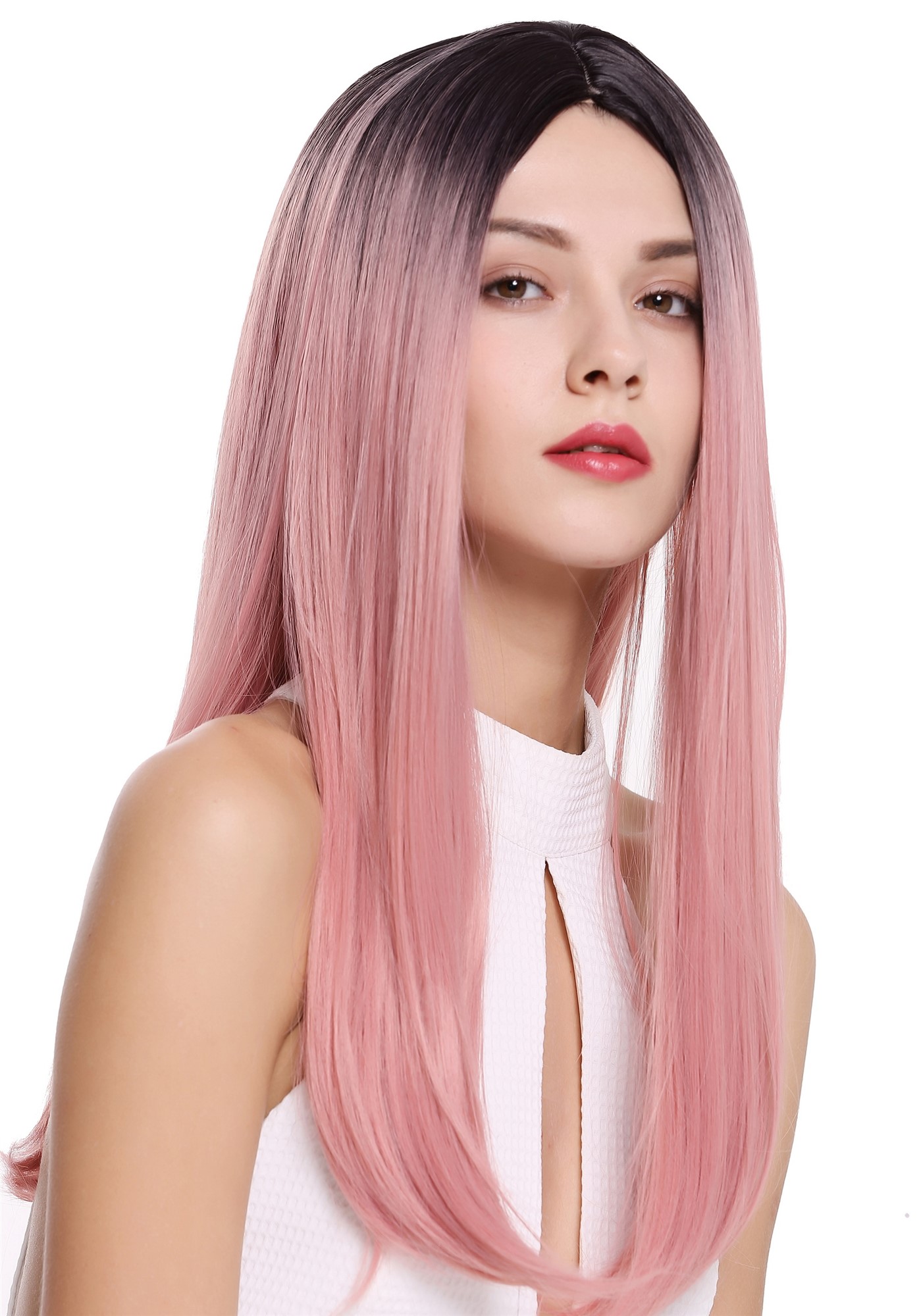hochwertige Qualitätsperücken, Perücke Glatt Mittelscheitel Ombre Schwarz Rosa ZM-1791-T2312R1B, Ansicht 2, WIG ME UP: Ihr Perücken Online Shop glatte Tressen-Perücke mit Kopfhaut-Imitat Schwarz-Rosa lange Haare für Damen