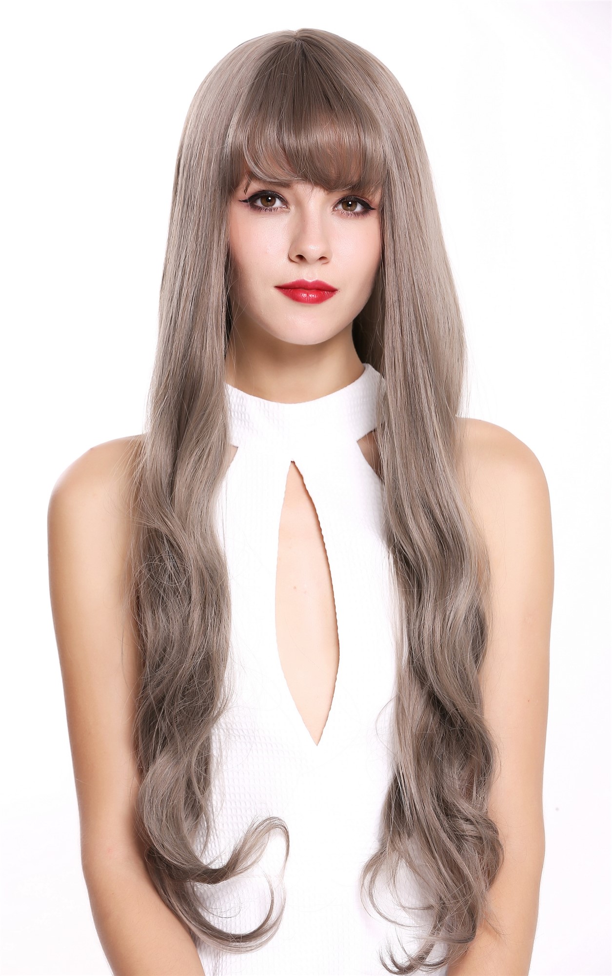 Lady wig very long slightly wavy bangs fringe brown auburn silver gray mix 1698, front view, WIG ME UP: Your Perücken Online Shop Quality Wigs, Ladies, ash brown-copper brown-silver gray mix, curled, very long