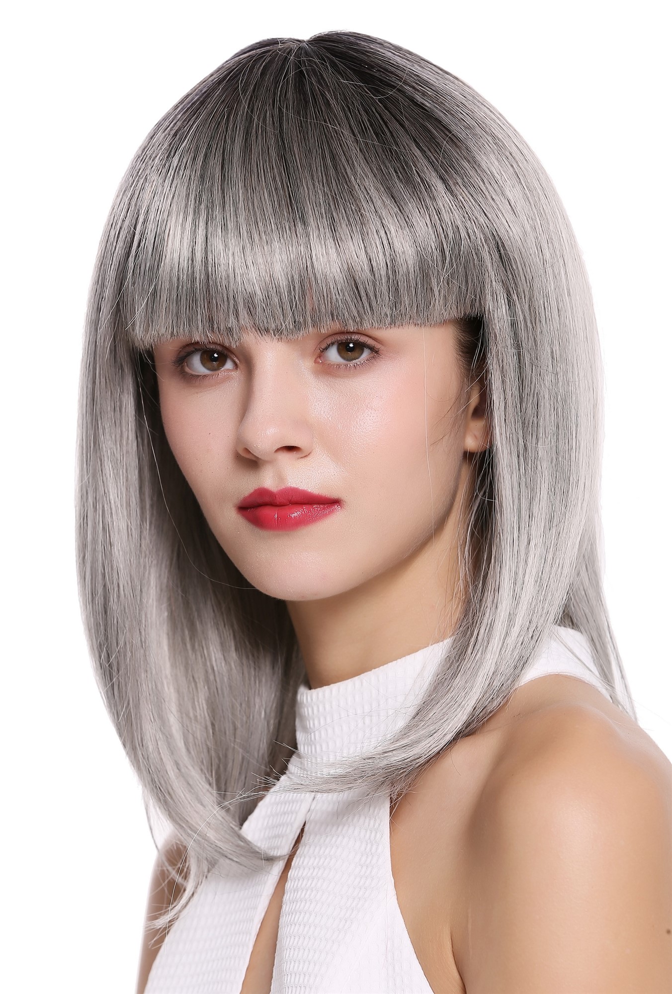 hochwertige Qualitätsperücken, Perücke kurz Longbob Pony Ombre Schwarz Grau DY46A-YS1+51, Vorderansicht, WIG ME UP: Ihr Perücken Online Shop glatte Tressen-Perücke mit Kopfhaut-Imitat Grau-Schwarz schulterlange Haare für Damen