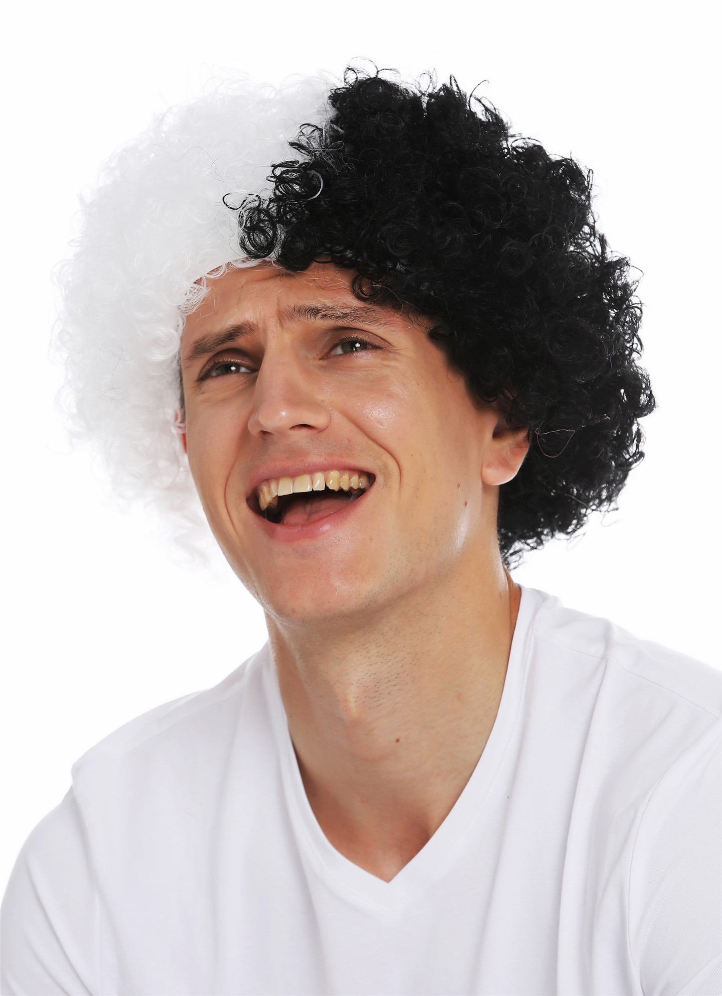 Fan wig carnival afro half and half black white volume men women MMAM-15M, front view, WIG ME UP: Your Perücken Online Shop Party Wig, Unisex, white-black mix, curled, short