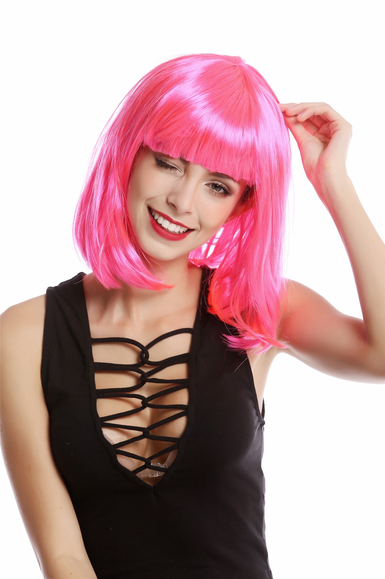 günstige Party Perücke, Perücke Bob-Frisur Longbob glatt Pony Pink 0073-3-PC5, Vorderansicht, WIG ME UP: Ihr Perücken Online Shop glatte Party Perücke Rosa schulterlange Haare für Damen