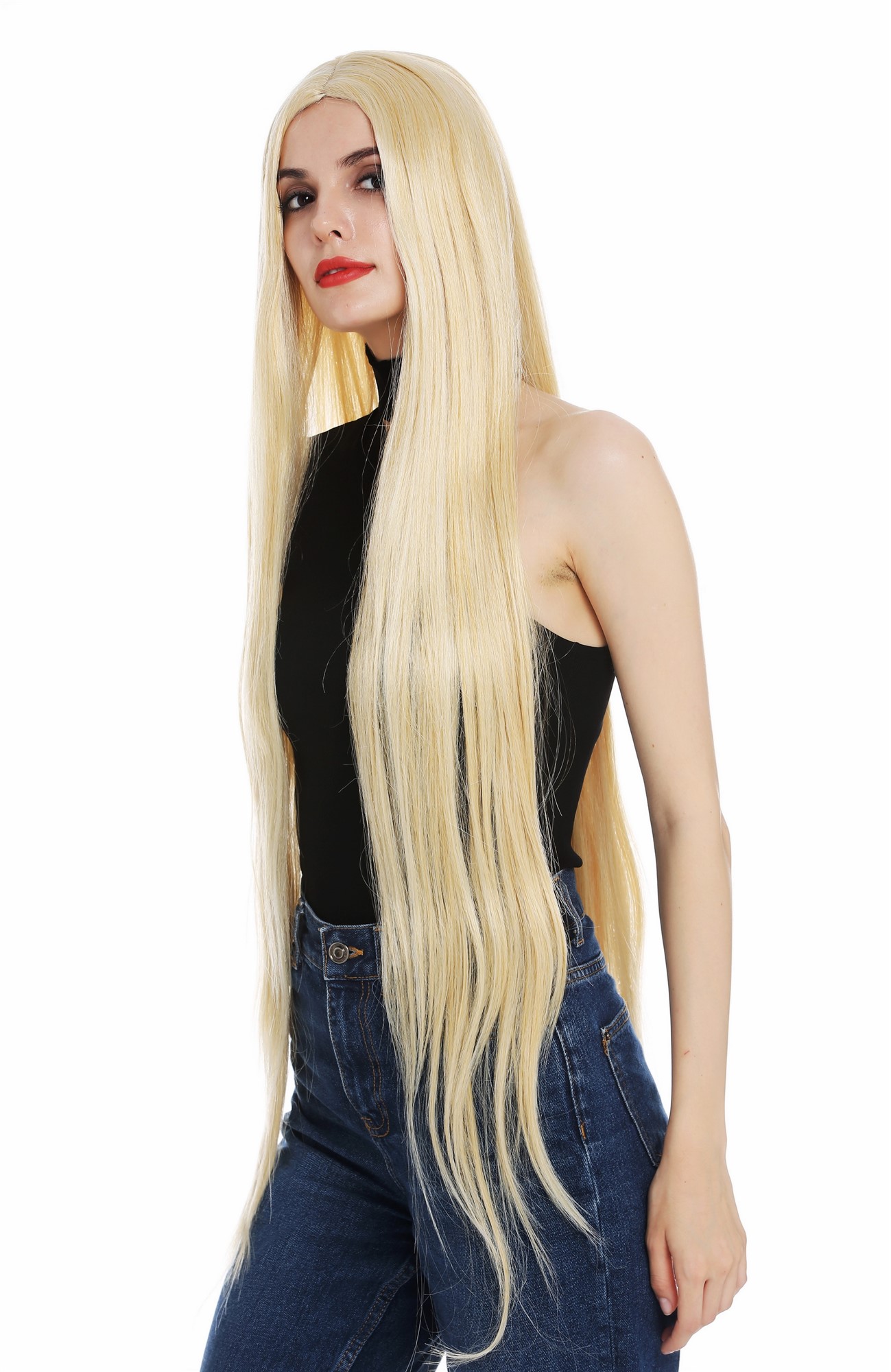 hochwertige Qualitätsperücken, Perücke super lang 120 cm glatt Mittelscheitel Blond Goldblond XR-845-24B, Ansicht 2, WIG ME UP: Ihr Perücken Online Shop glatte Tressen-Perücke mit Kopfhaut-Imitat Goldblond sehr lange Haare für Damen