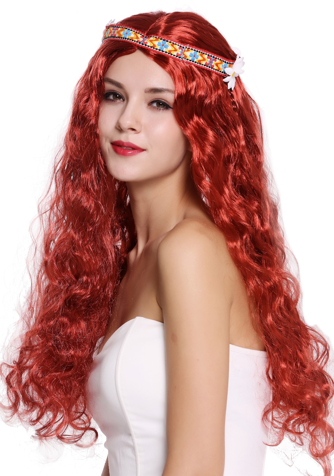 günstige Party Perücke, Perücke Stirnband Hippie lang rot 91298-ZA350, Vorderansicht, WIG ME UP: Ihr Perücken Online Shop wellige Party Perücke Rot lange Haare für Damen