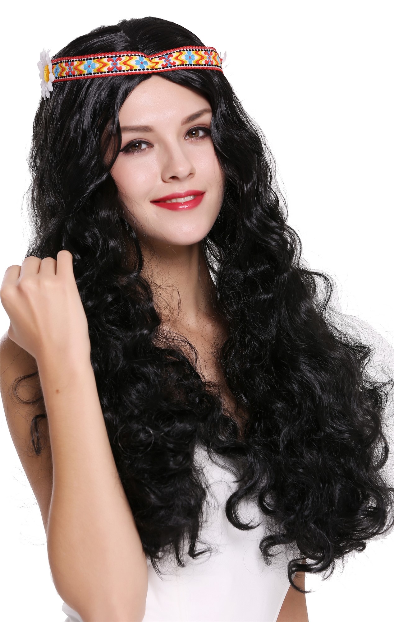 günstige Party Perücke, Perücke Stirnband Hippie lang schwarz 91298-ZA103, Ansicht 3, WIG ME UP: Ihr Perücken Online Shop wellige Party Perücke Schwarz lange Haare für Damen