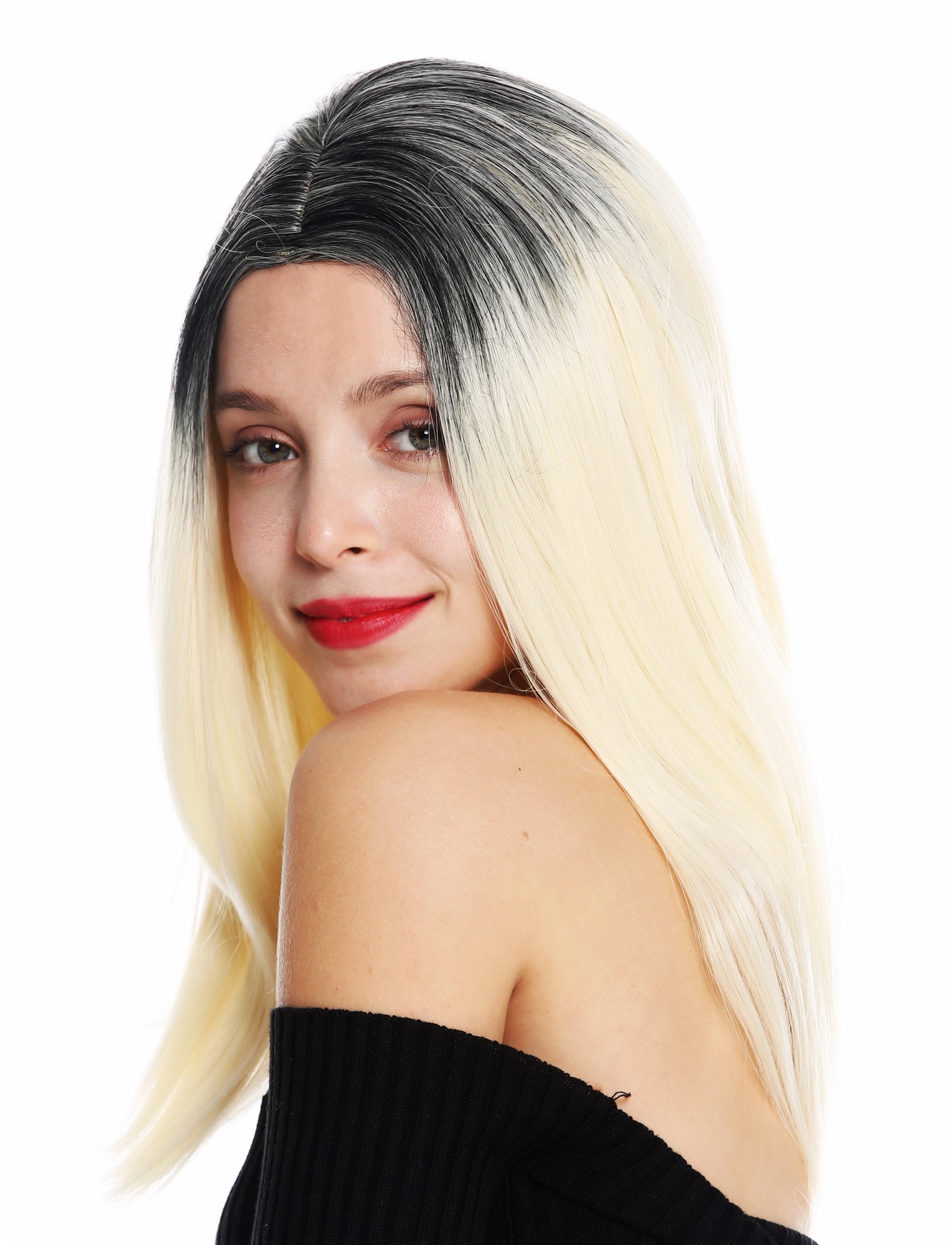 Women's wig lady long sleek middle parting ombre black light blonde GFW2468, view 3, WIG ME UP: Your Perücken Online Shop Quality Wigs, Ladies, blonde-black mix, straight, shoulder-length