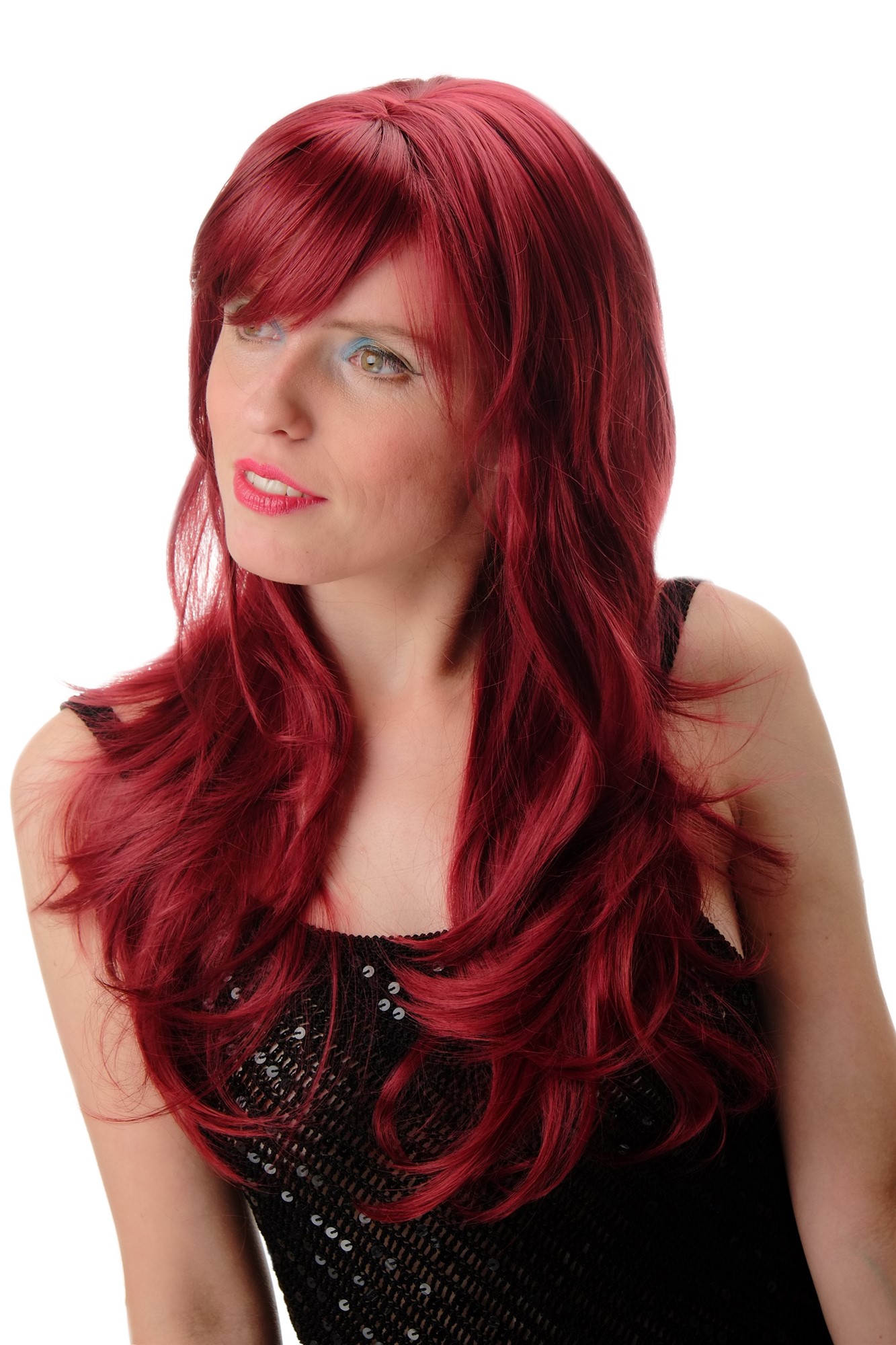 Lady wig long straight to wavy elaborately styled fringe burgundy red GFW244A, front view, WIG ME UP: Your Perücken Online Shop Quality Wigs, Ladies, Red, wavy, long