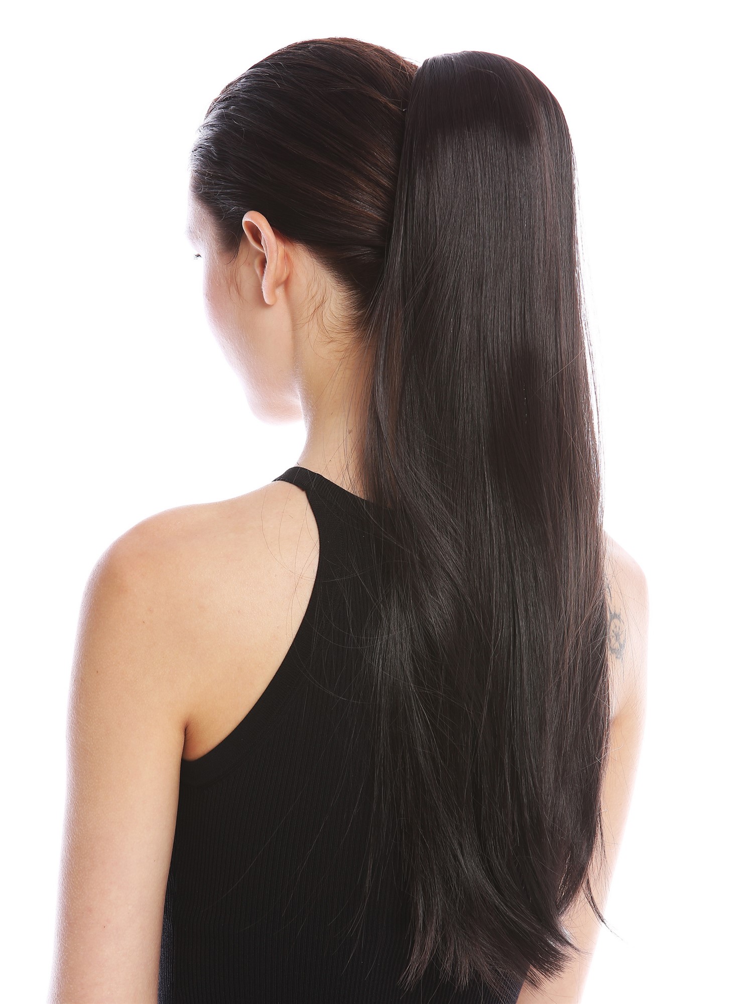 Ponytail Hairpiece comb & ribbon wrap-around long straight dark brown YZF-1094S, front view, WIG ME UP: Your Perücken Online Shop Ponytails, dark brown, straight, long