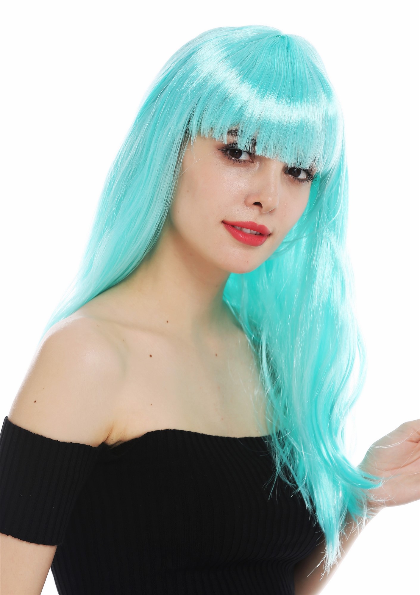 Wig carnival Halloween women ladies long sleek straight fringe light blue 32582 , front view, WIG ME UP: Your Perücken Online Shop Party Wig, Ladies, turquoise blue, straight, long