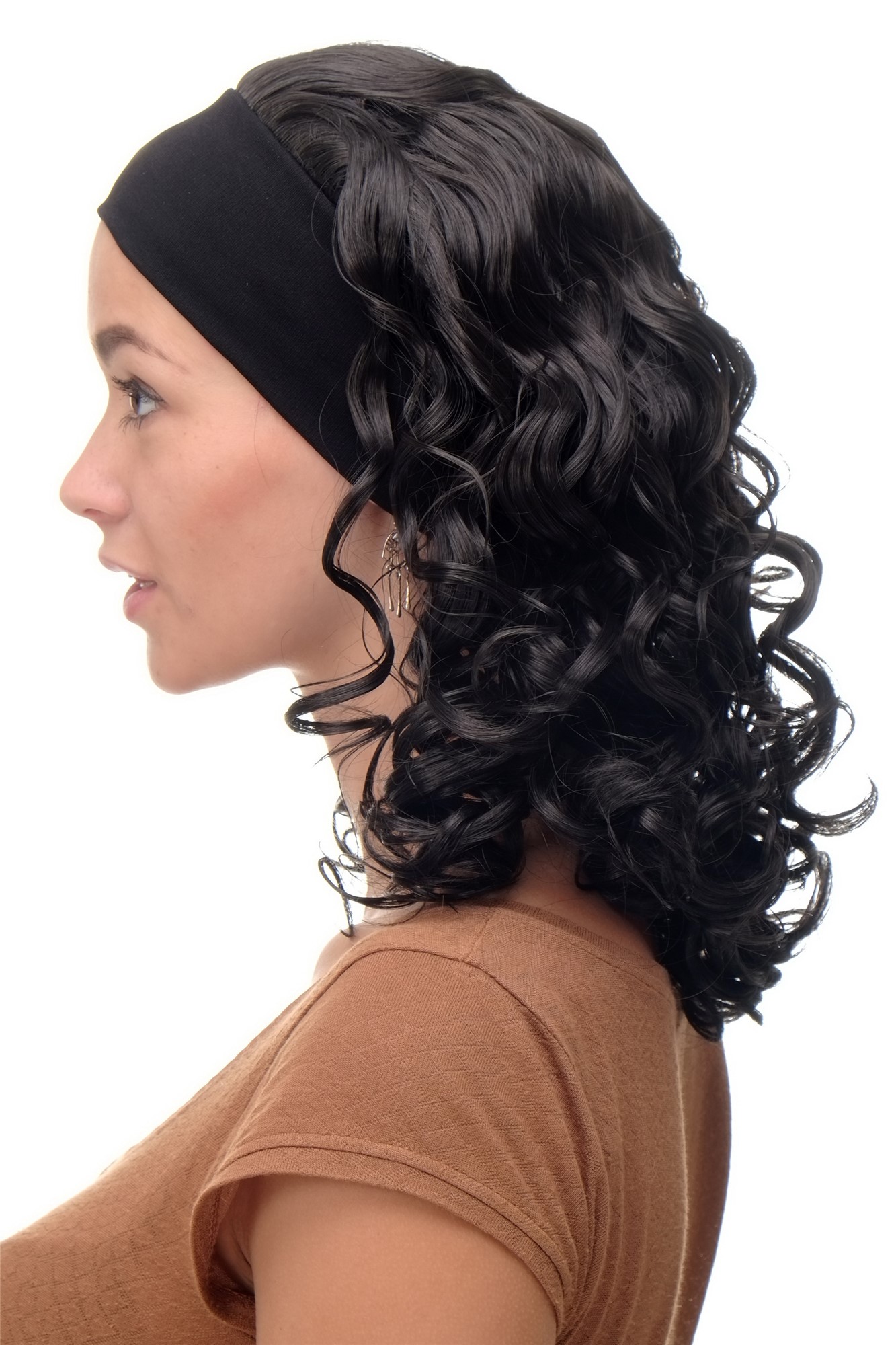 hochwertige Qualitätsperücken, Perücke Stirnband Dunkelbraun Locken Schulterlang BRO-704-3, Vorderansicht, WIG ME UP: Ihr Perücken Online Shop lockige Tressen-Perücke mit Stirnband Dunkelbraun schulterlange Haare für Damen