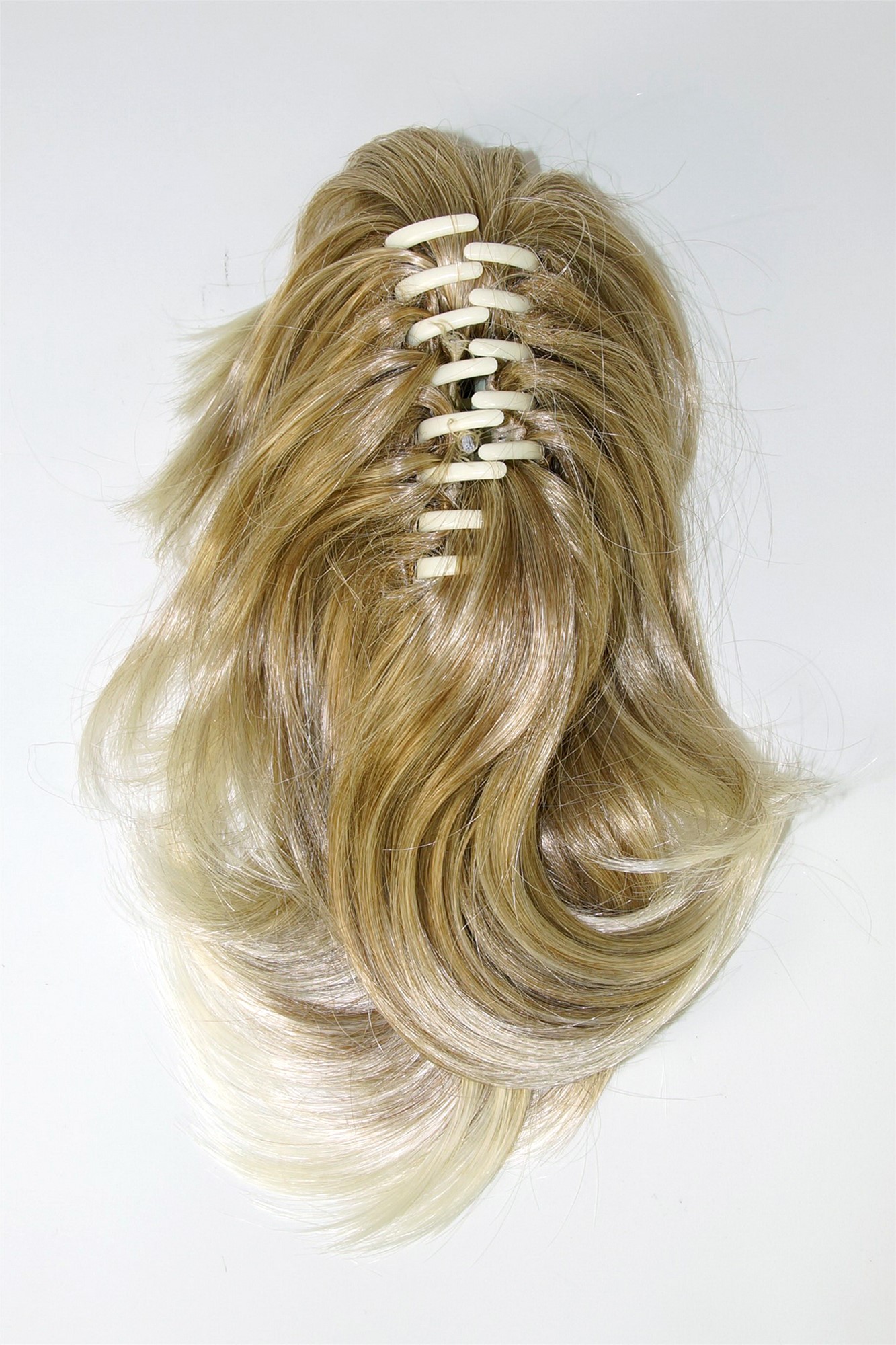 hochwertiger Pferdeschwanz Zopf kurz voluminös gewellt Goldblond Platin gesträhnt XF-6381-15T613, Ansicht 5, WIG ME UP: Ihr Perücken Online Shop welliges Zopf-Haarteil Blond-Mix 25 cm lang