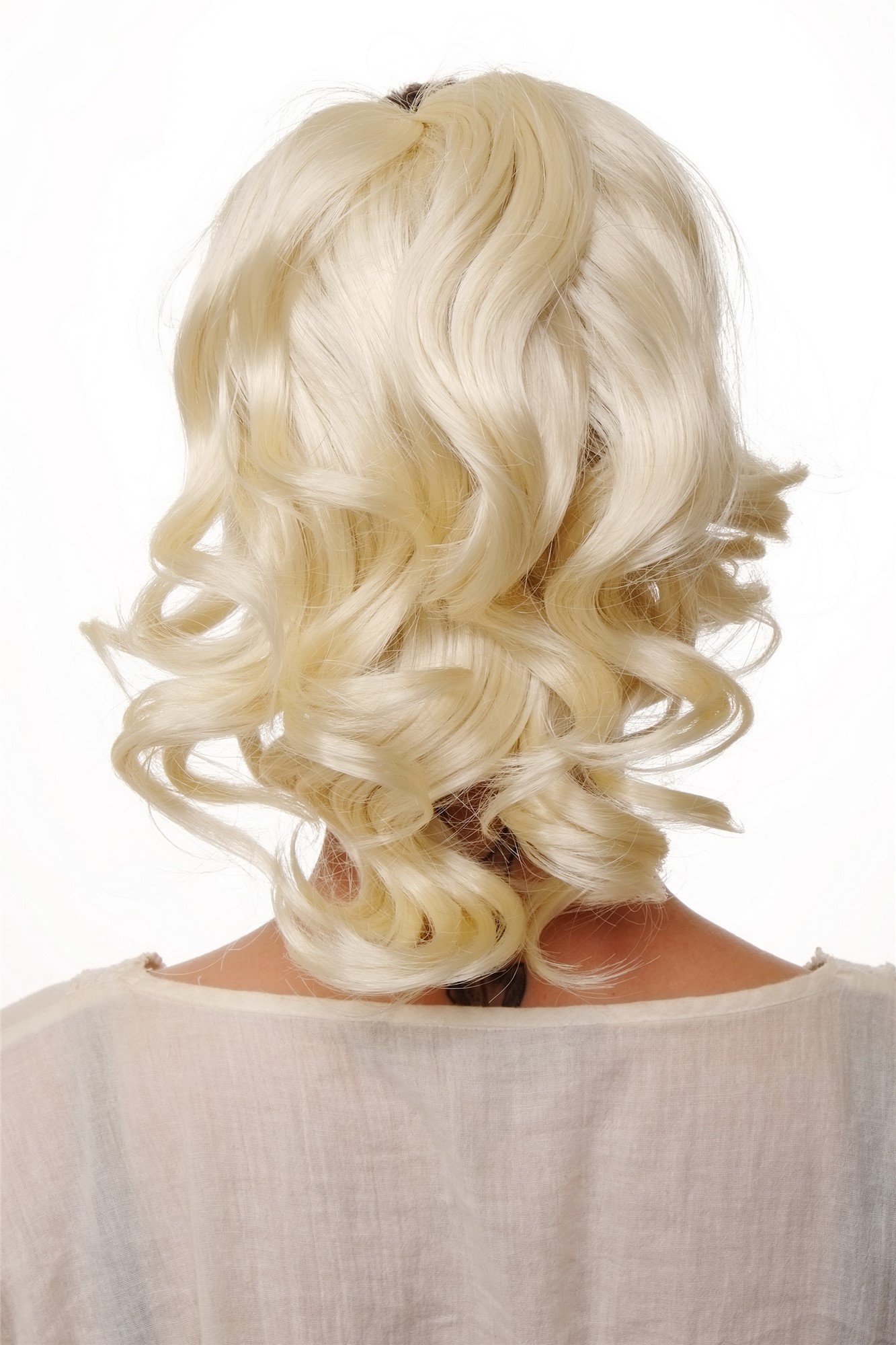 hochwertiges Haarteil gewellt halblang 1 Kamm + Gummizug Platinblond Modell: JL-3023, Ansicht 2, WIG ME UP: Ihr Perücken Online Shop welliges Zopf-Haarteil Platinblond 35 cm lang