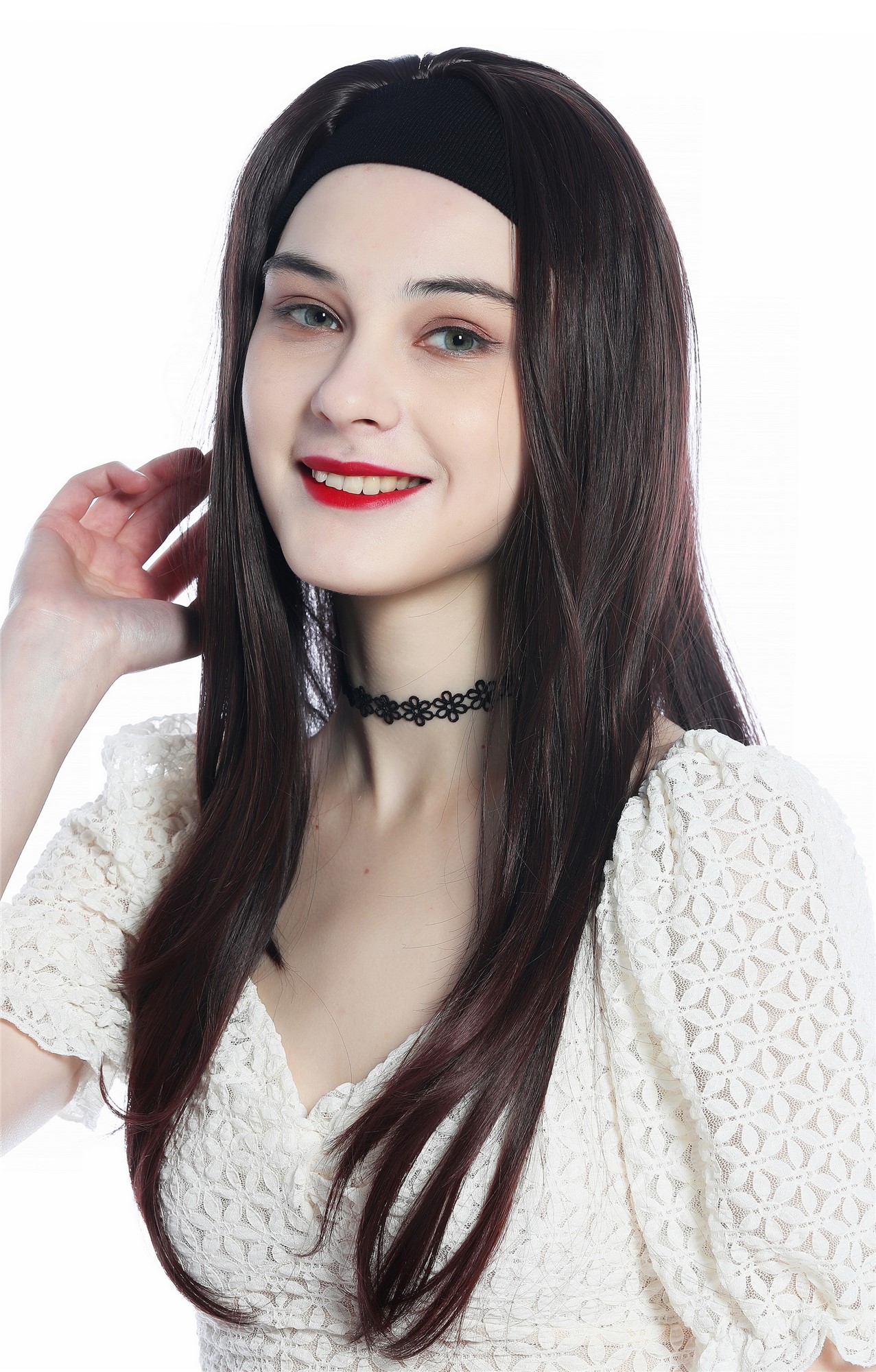 hochwertige Qualitätsperücken, Perücke Halbperücke Stirnband lang glatt Mahagoni Braun Mix H9306-2T33, Vorderansicht, WIG ME UP: Ihr Perücken Online Shop glatte Tressen-Perücke mit Stirnband Schwarzbraun-Rotbraun-Mix lange Haare für Damen