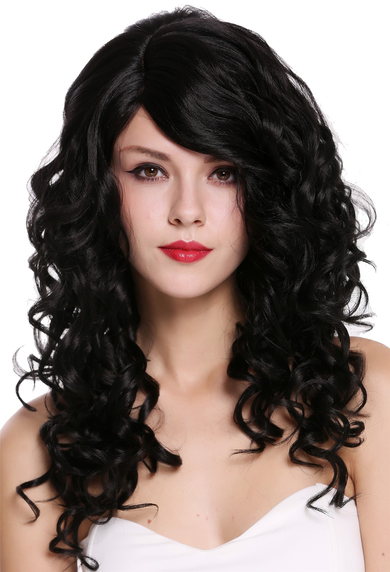 hochwertige Qualitätsperücken, Perücke Locken Volumen Lang Scheitel Schwarz RGF-6467C-1B, Vorderansicht, WIG ME UP: Ihr Perücken Online Shop lockige Tressen-Perücke mit Kopfhaut-Imitat Samtschwarz lange Haare für Damen