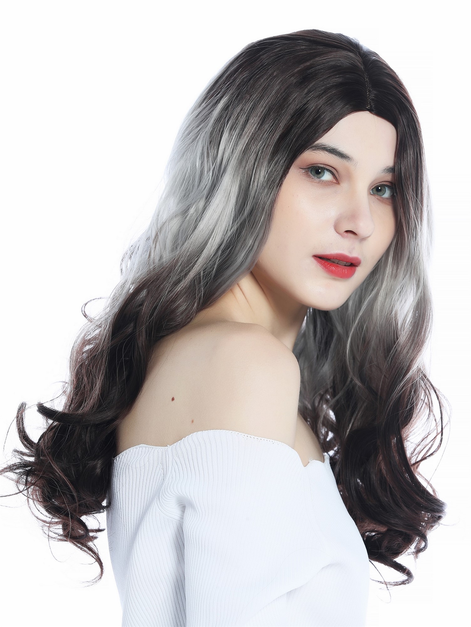 Ladies Women's wig wavy parting ombre balayage brown silver grey brown ZM-1013, front view, WIG ME UP: Your Perücken Online Shop Quality Wigs, Ladies, brown-gray-brown gradient, wavy, long