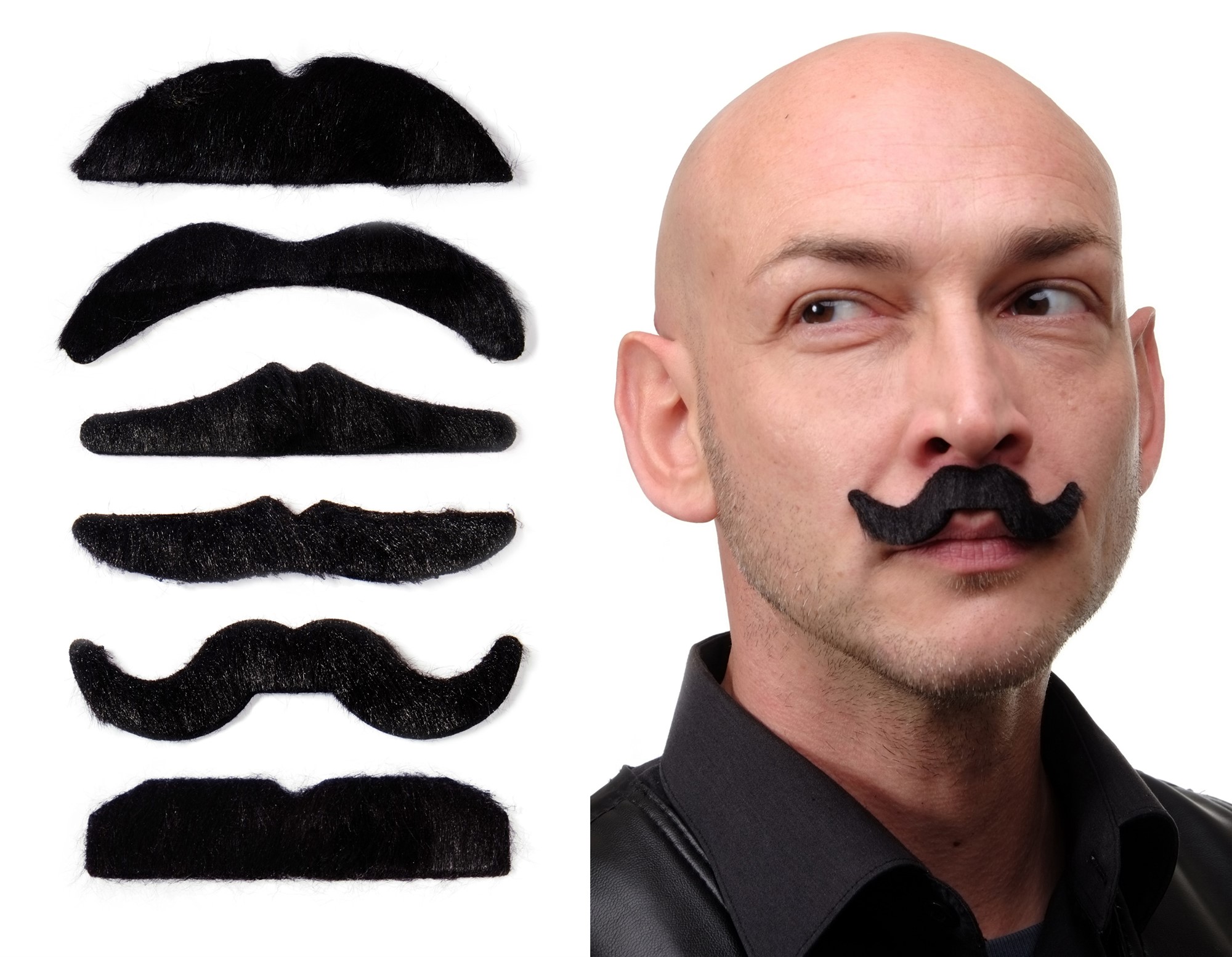Mustache Set 6 mustaches black Carnivak Halloween black MM-007, front view, WIG ME UP: Your Perücken Online Shop Party Wig, Men, Black