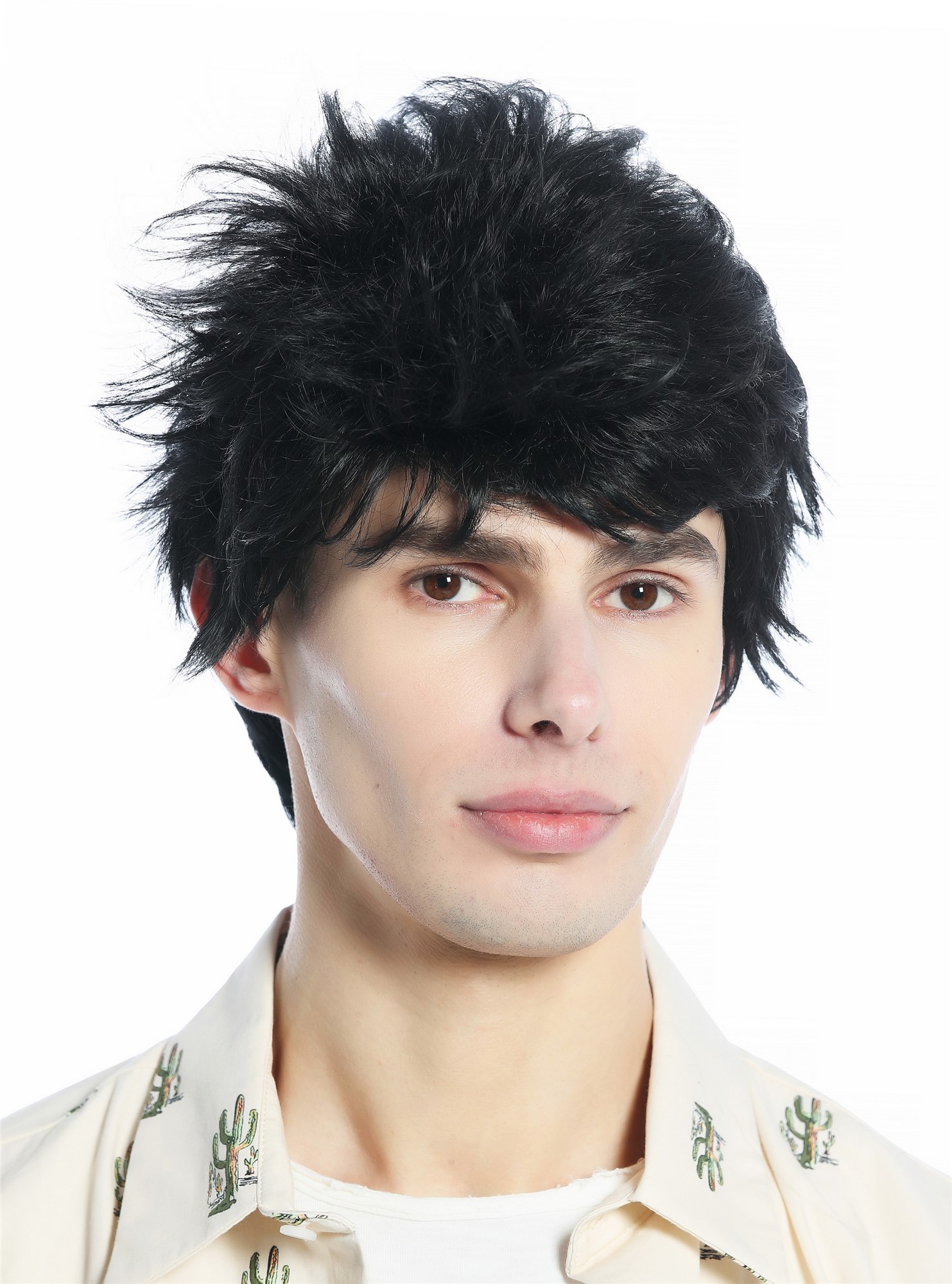 Wig Men Women unisex short wild unkempt 80s retro style velvet black M-252A, front view, WIG ME UP: Your Perücken Online Shop Quality Wigs, Unisex, velvet black, straight, short