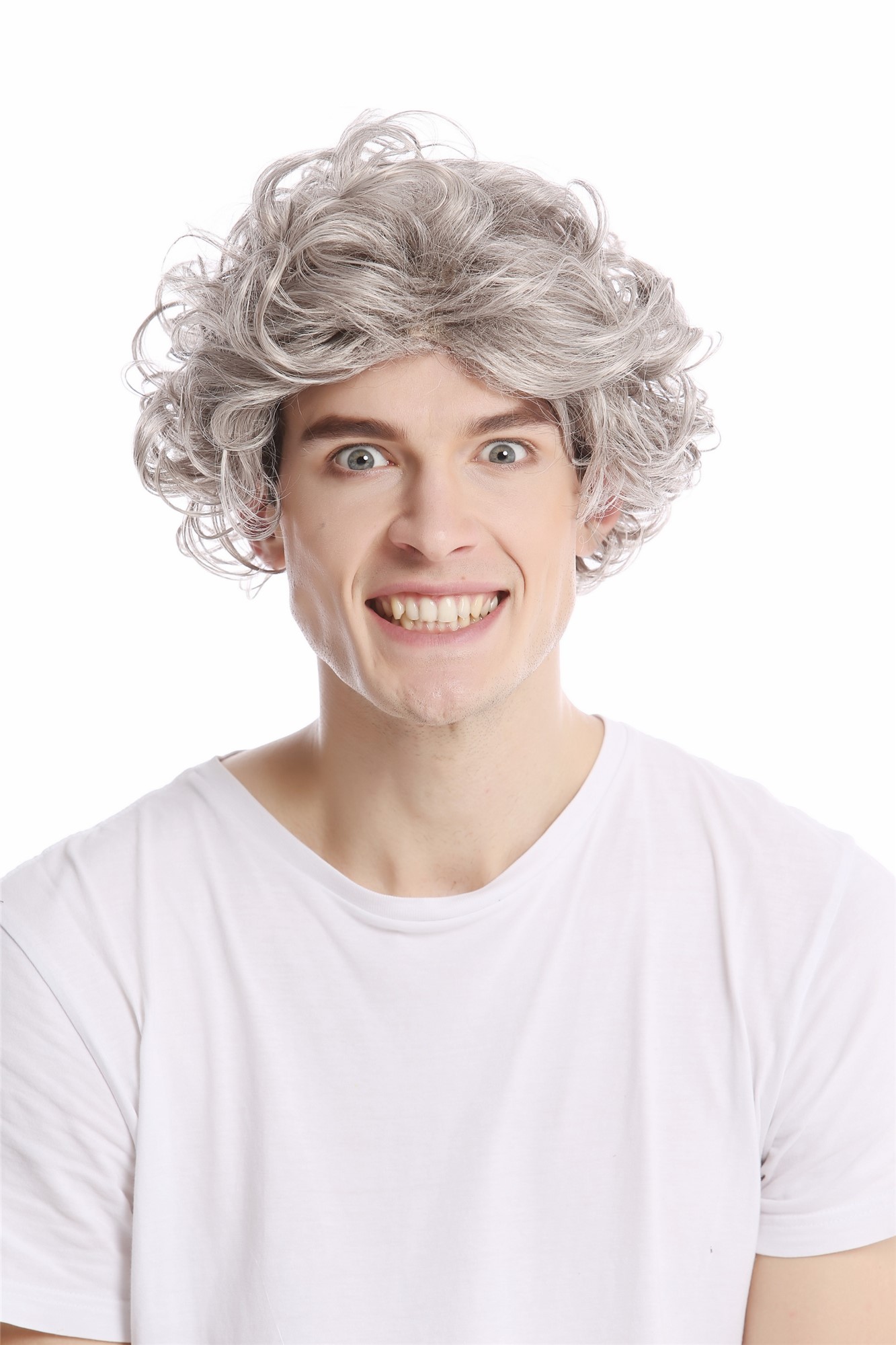 hochwertige Qualitätsperücken, Perücke kurz wild Locken grau meliert GFW963-51, Vorderansicht, WIG ME UP: Ihr Perücken Online Shop lockige Tressen-Perücke Hellgrau kurze Haare für Herren