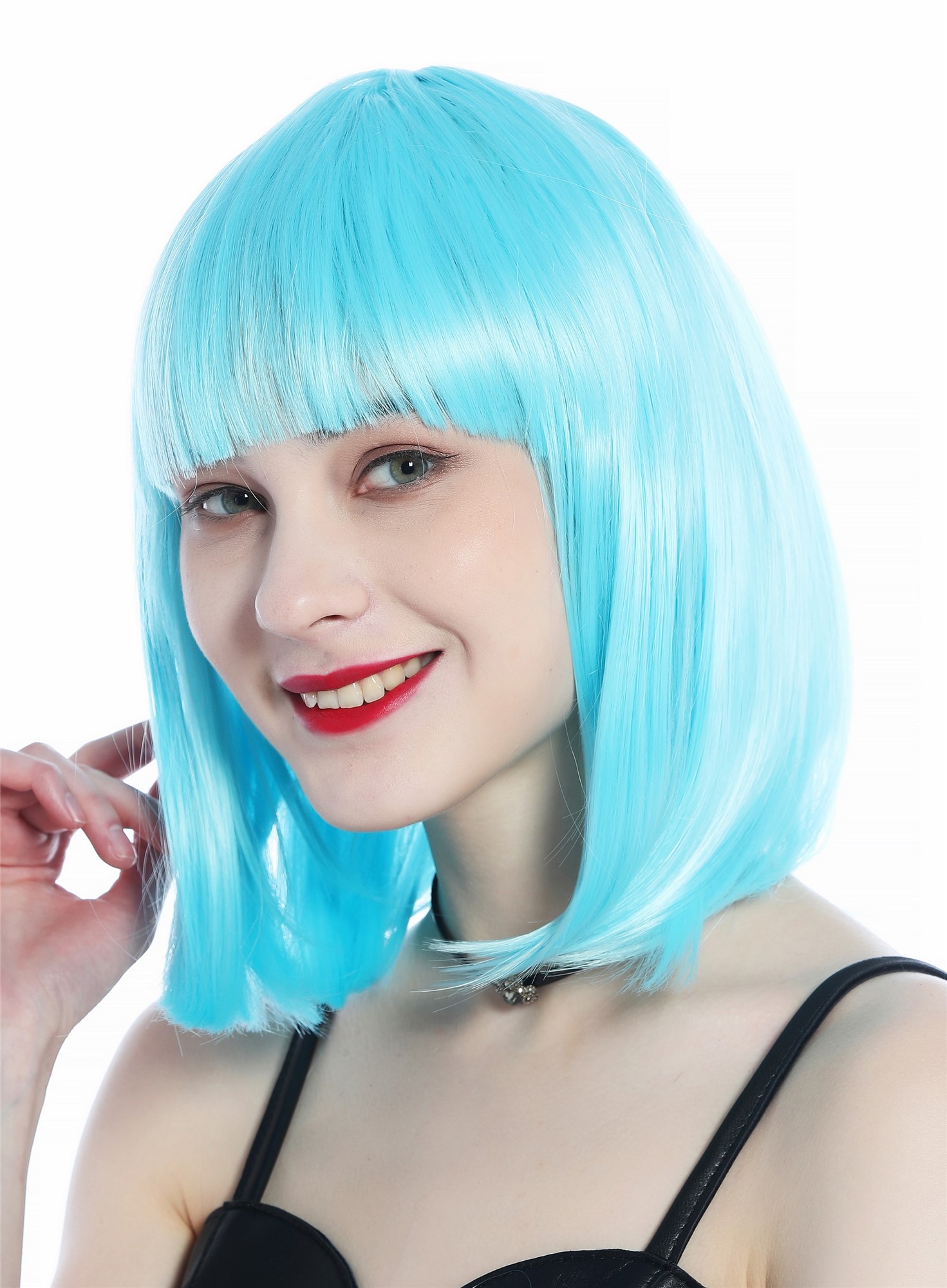 Wig Ladies Women Halloween Carnival short smooth longbob bangs light blue CW-052, front view, WIG ME UP: Your Perücken Online Shop Party Wig, Ladies, baby blue, straight, short