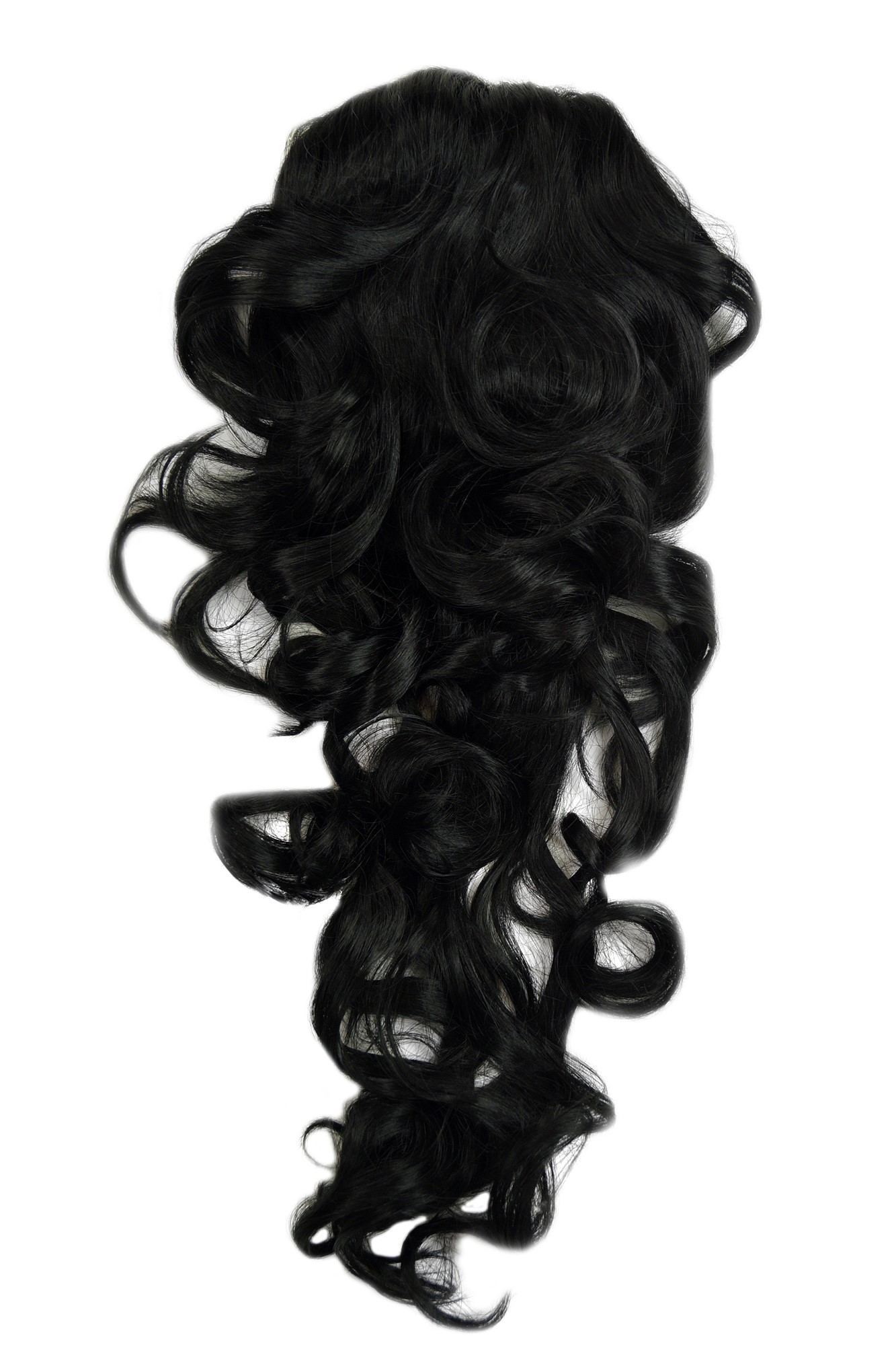 Hairpiece PONYTAIL with combs and elastic draw string curly voluminous very long deep black 23 ", front view, WIG ME UP: Your Perücken Online Shop Ponytails, Black, curled, long