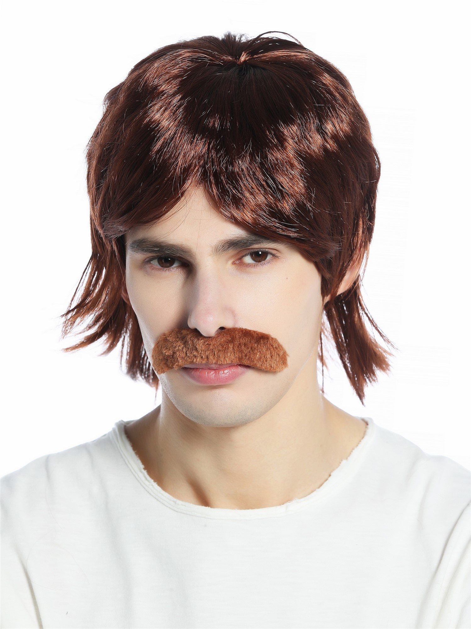 Halloween Carnival wig mustache set 70s cop retro mullet mahogany brown CW-016, front view, WIG ME UP: Your Perücken Online Shop Party Wig, Men, Mahogany, straight, short