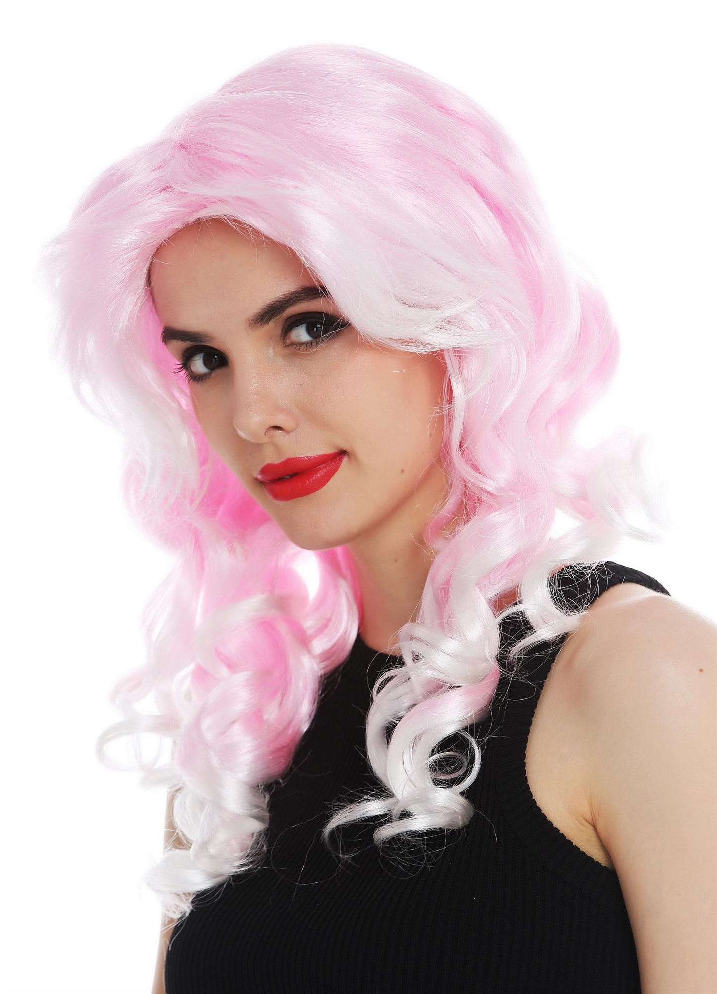 günstige Party Perücke, Perücke Diva lang Korkenzieher-Locken Hell-Rosa 06053-FR28-T68, Ansicht 2, WIG ME UP: Ihr Perücken Online Shop lockige Party Perücke Hellrosa-Weiß-Mix schulterlange Haare für Damen